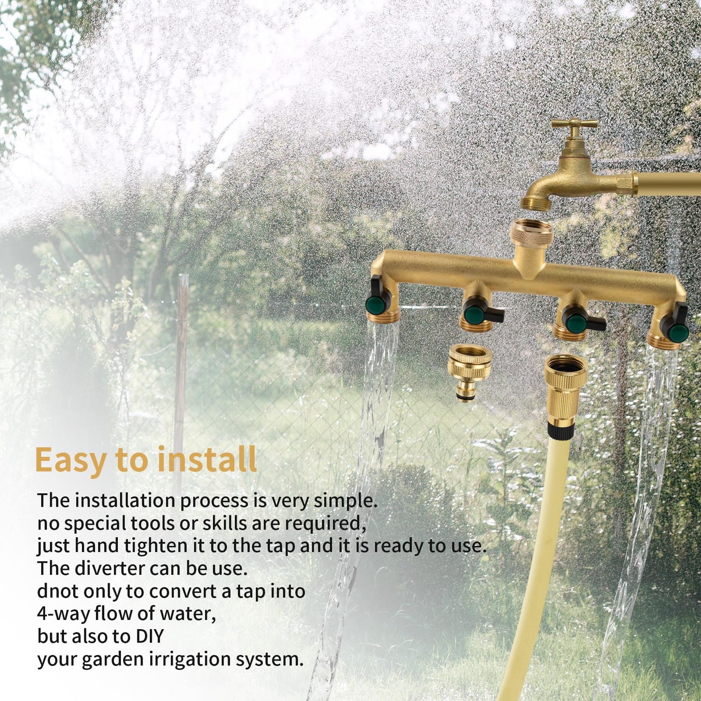 Heavy Duty Solid Brass 4 Way Hose T Tap Connection with 4 Individual On/Off Valve and Extended Handle, Garden Outdoor Pipe Tap Splitter