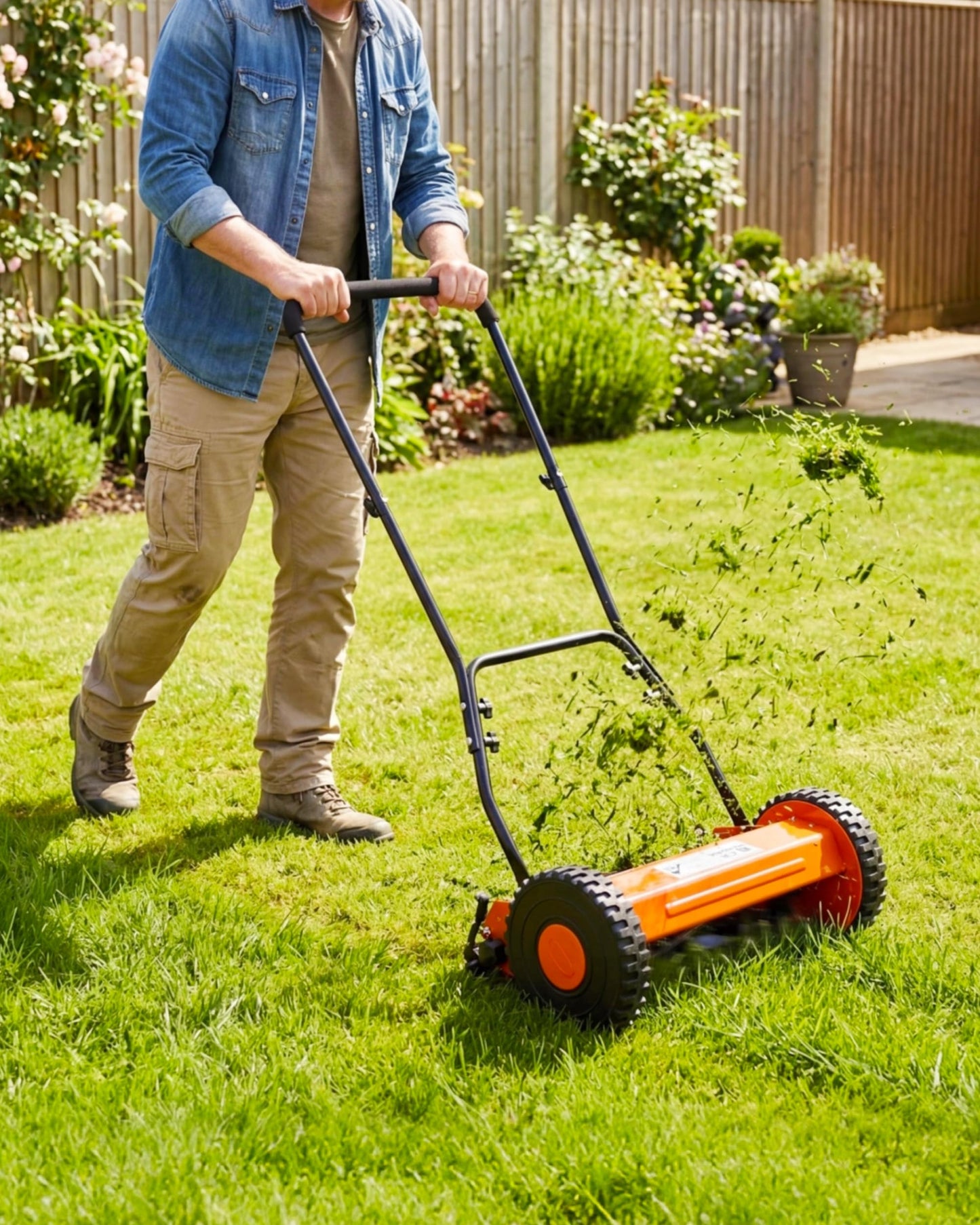 16 Inch Manual Reel Lawn Mower, 5-Blade Push Reel Mower with Adjustable Cutting Height, Walk-Behind Compact Hand Push Mower for Small Yards, Quiet Cordless Mowing (Orange) — No Grass Catcher Bag