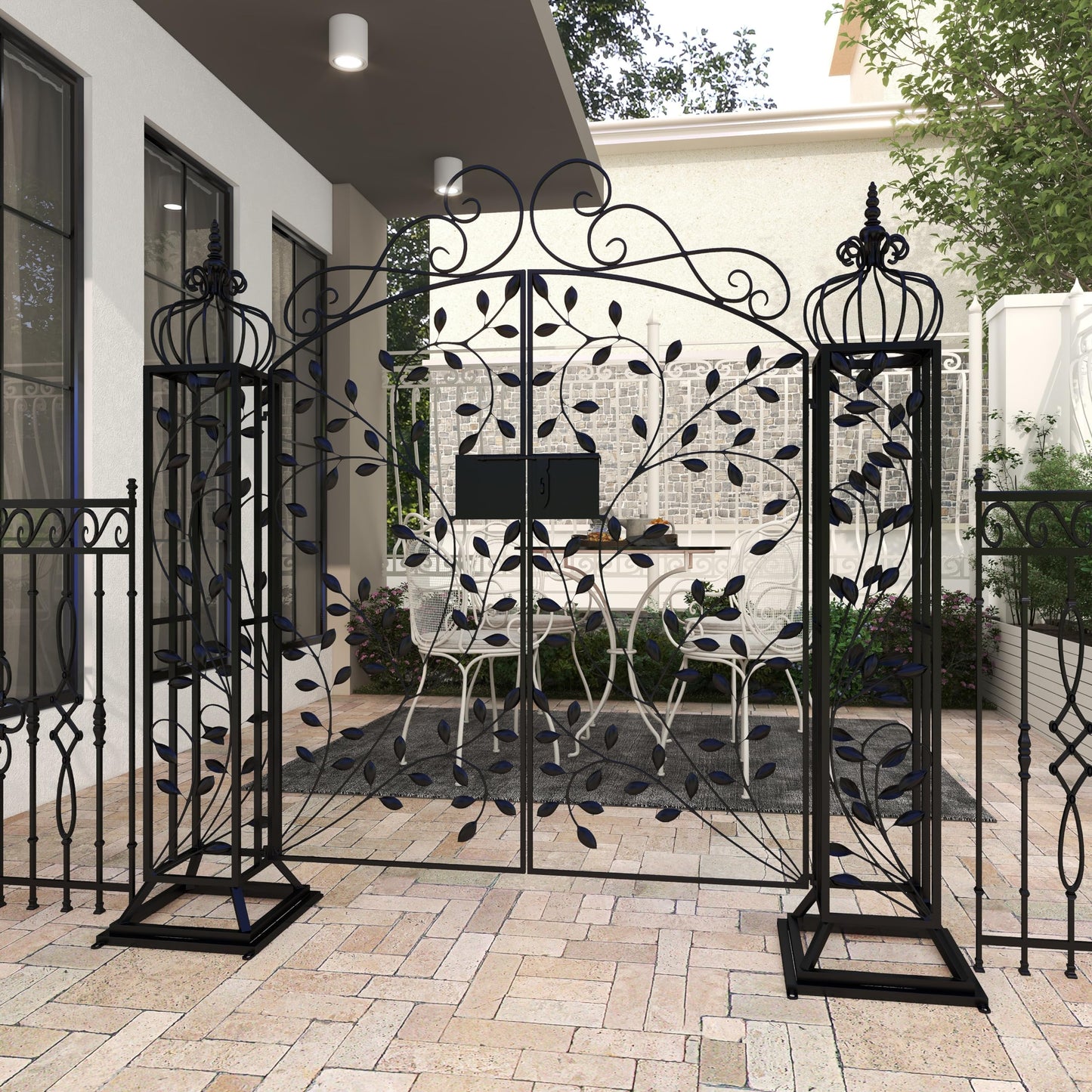 Deco 79 Metal Indoor Outdoor Scrollwork Arched Gate Garden Arbor with Vines and Latch Lock Closure, 70" x 15" x 65", Black