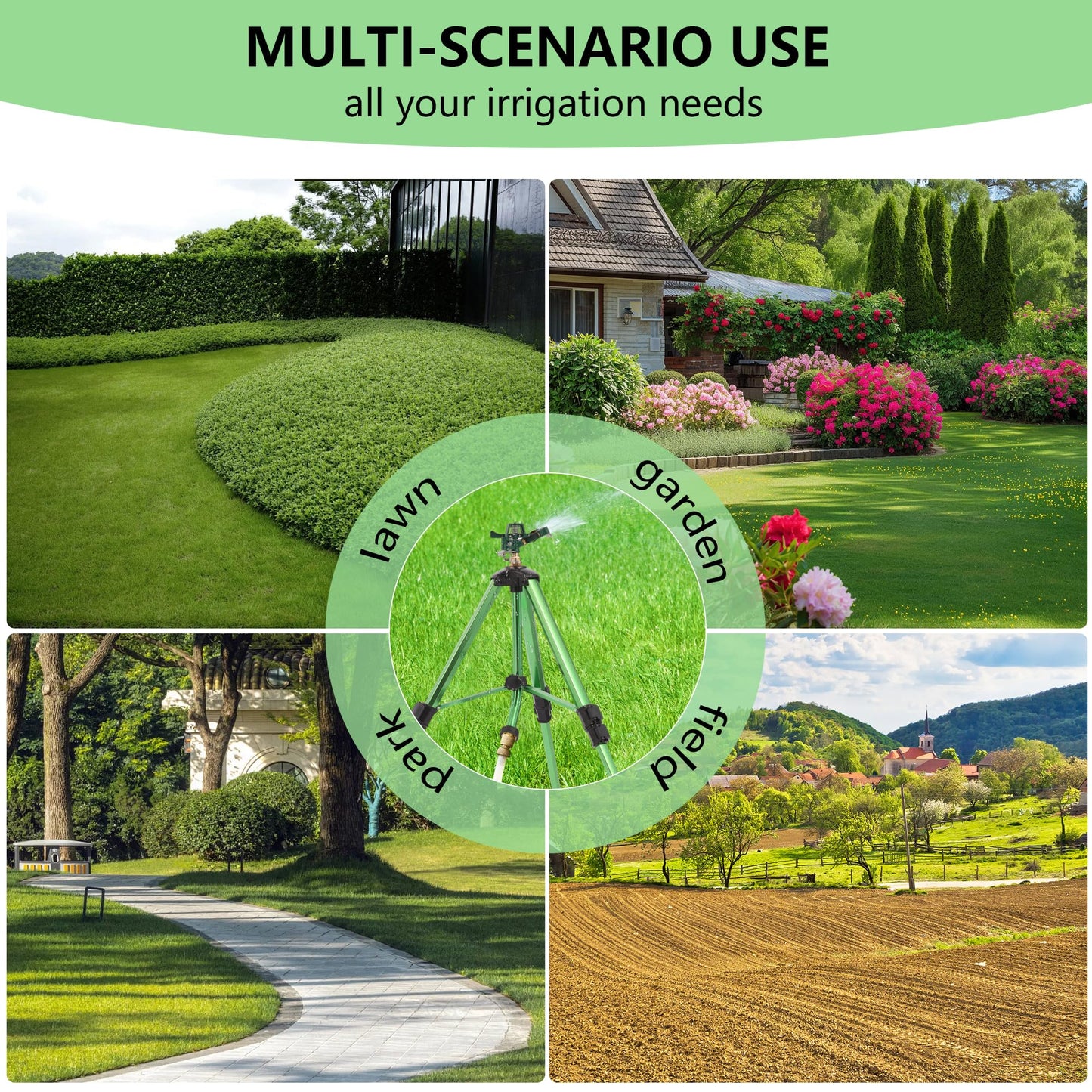 IRRSTPRO Green Zinc Alloy Water Bird Sprinkler, Heavy Duty Tripod Base Garden Sprinkler, 360 Degree Large Area Irrigation, Durable Flip Lock Legs & Adjustable Nozzle, 1 Pack