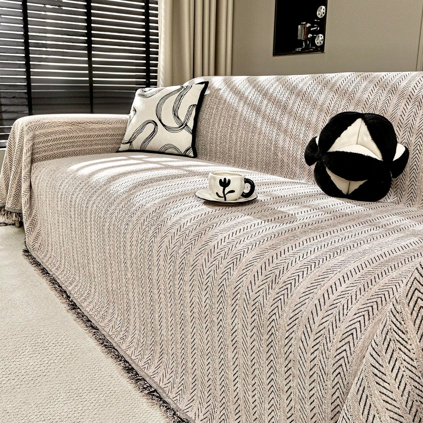 Nobildonna Chenille Couch Cover for Sofa Cover Washable Pet Scratch Couch Covers Tassel Sofa Slipcover for 2 Cushion Couch,Furniture Protector Blanket for Living Room,Camel Brown 71"x118"