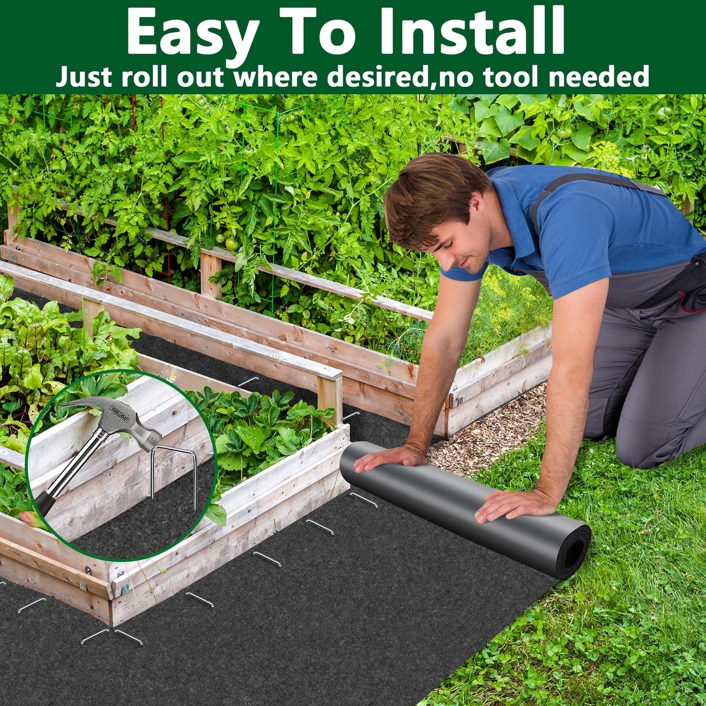 DECOHS 10 x 2 Ft Recycled Felt Mulch Mat Roll for Landscaping, Permanent Fabric Mulch Walkway Pathway Mat, Reusable Garden Pathway Mulch Barrier with 10 Stakes for Plants, Vegetable and Flower Outdoor
