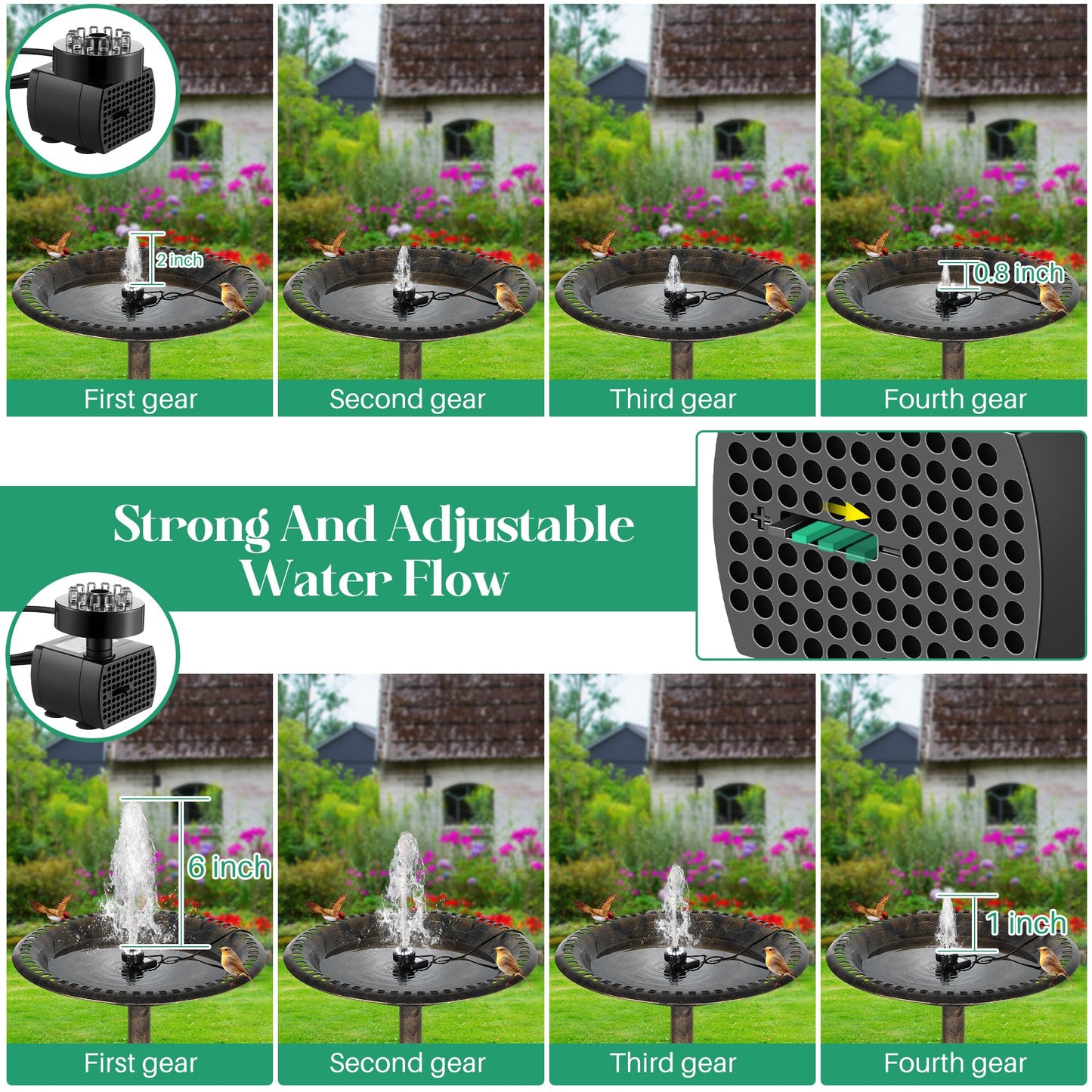 Dunkive Bird Bath Fountains with 12 LED Lights, 24 Hour Working Fountain Pump with Light, Adjustable Watering Submersible Pump for Outdoor Water Garden, Pond(Cool White)