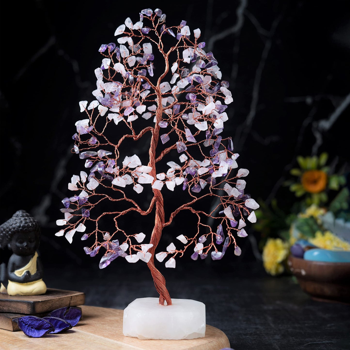 Crocon® Amethyst & Rose Quartz Crystals Tree Home Decor, Birthday Gifts for Women, Sister Gemstone Gift for Her Money Tree Crystals & Healing Stones House Warming Gift New Home, Purple Decor Present
