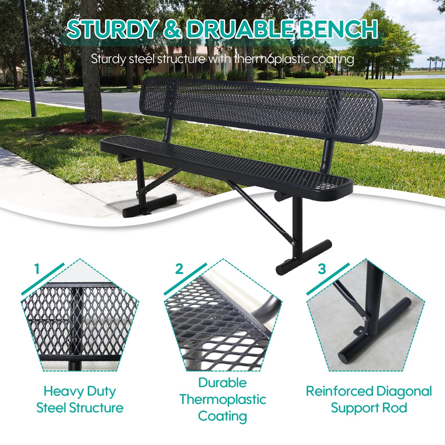 Choosilay 4/6/8 Feet Park Bench for Outside Heavy Duty Metal, Garden Benches Outdoor Bench with Backrest & Portable Frame, for Shopping Malls Stores Parks Patios Decks, Black
