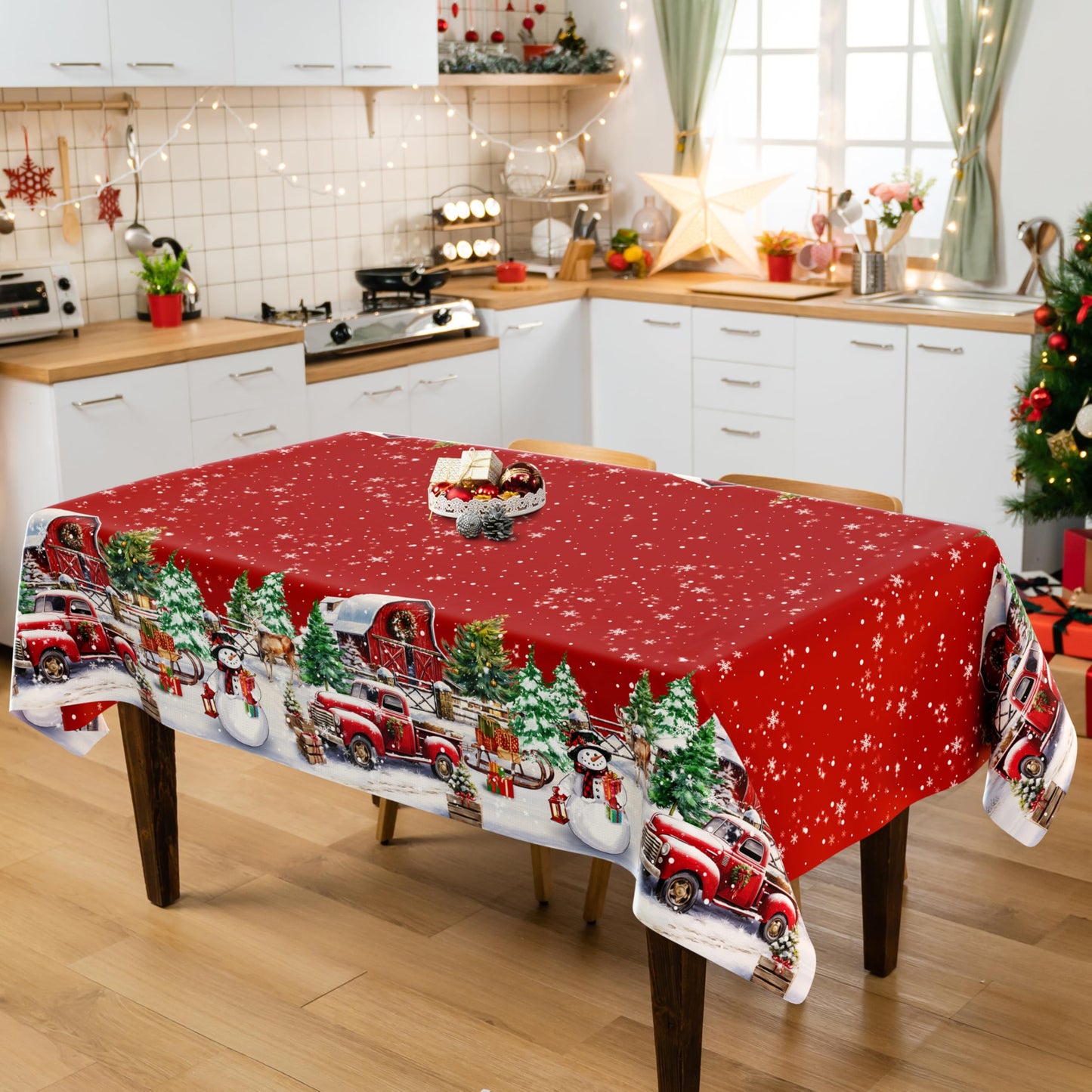 THAWAY Christmas Tablecloth 60×84 Inch Rectangular Winter Snowman House Christmas Trees Red Washable Table Cover Waterproof Polyester Xmas Table Cloths for Holiday Home Picnic Dinner Decor