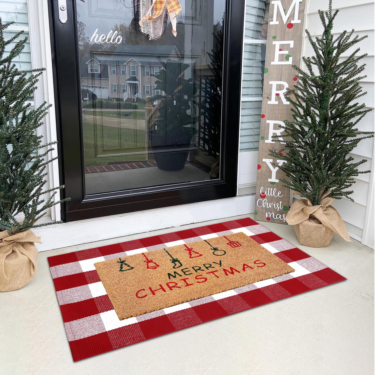 Christmas Door Mat Combo Set - 100% Coco Coir Welcome Mat + 28 x 43 Inch Red and White Plaid Rug, Holiday New Year Christmas Collection Decorative Doormat for Front Porch Entryway Decor