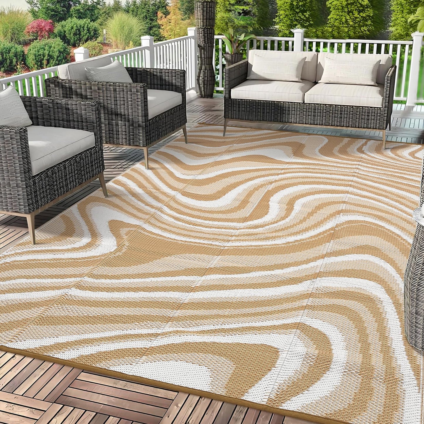 Garvee 10x14 Modern Large Outdoor Rug, Waterproof Rug for Camping, Reversible Plastic Straw Rugs UV Resistant Abstract Carpet for Picnic Backyard Deck Balcony Porch Beach Trailer, Light Brown