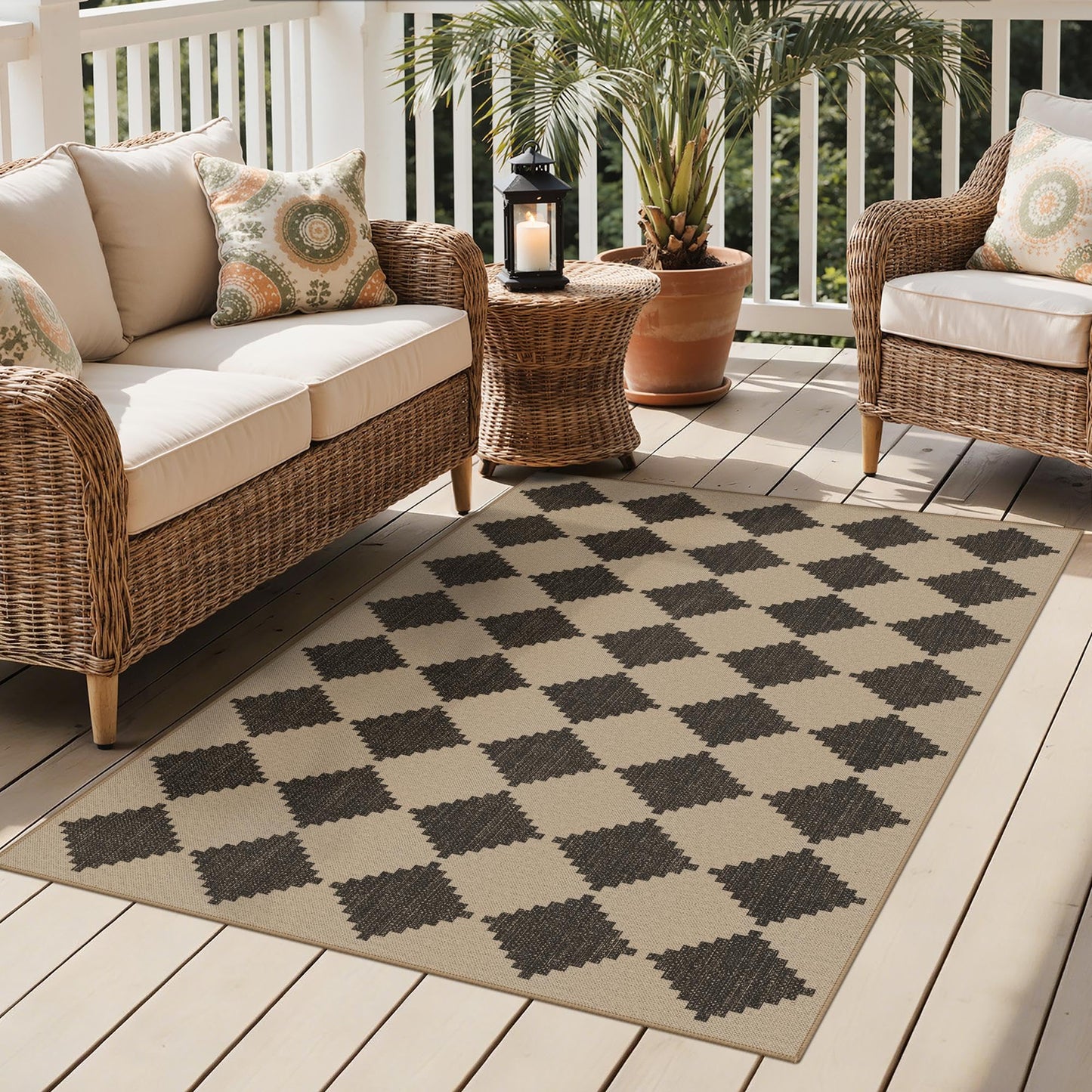 GENIMO Indoor Outdoor Area Rug 5'x8', Checkered Easy Jute Rug Machine Washable, Easy-Cleaning, Non Slip Geometric Outdoor Carpet for Patio, Living Room, Backyard, Porch, Deck, Balcony