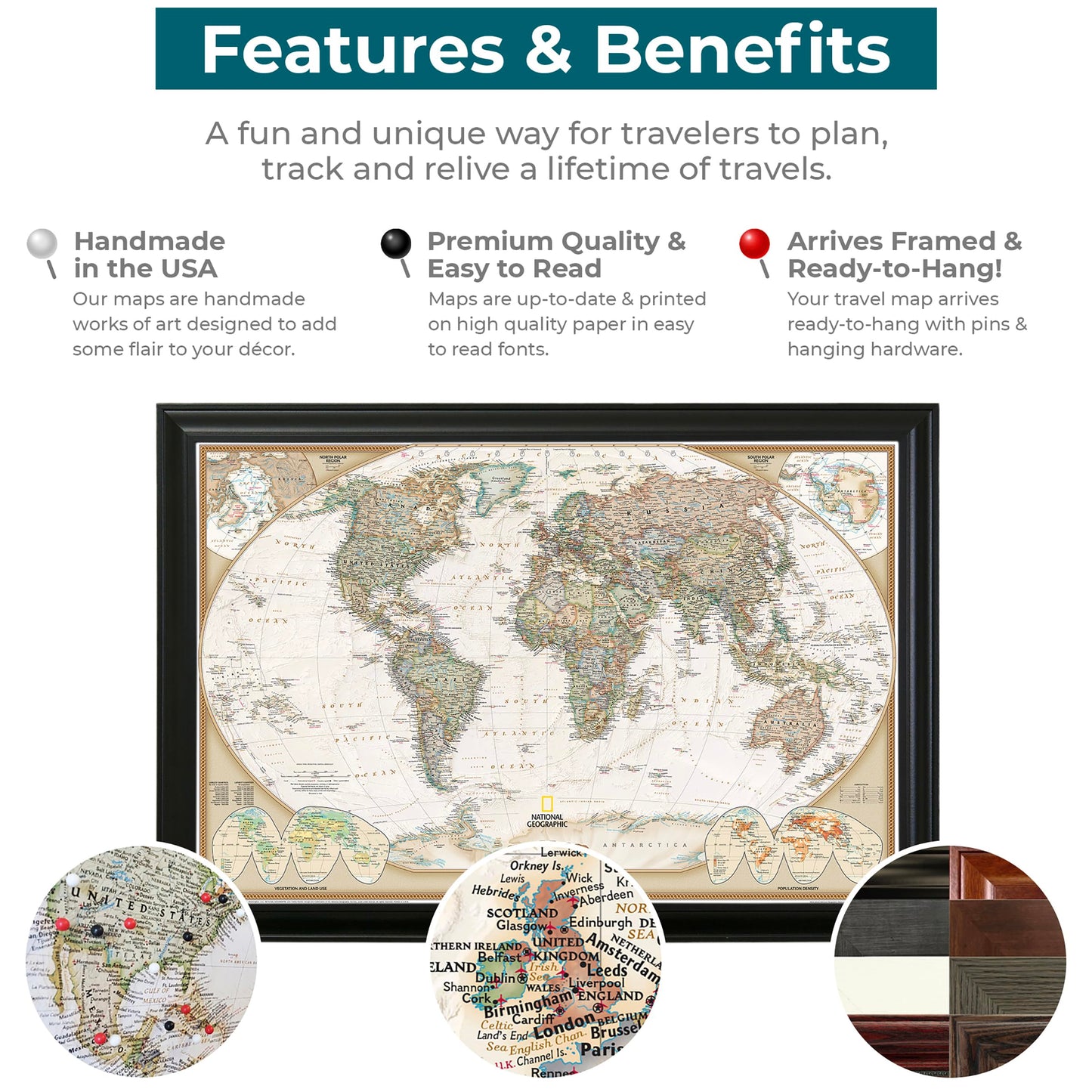 Push Pin Travel Maps Customizable Wall Art - Executive World - Black Frame - Framed Pin Map, Includes 150 Pins - Handcrafted in USA - 27.5" x 39.5"