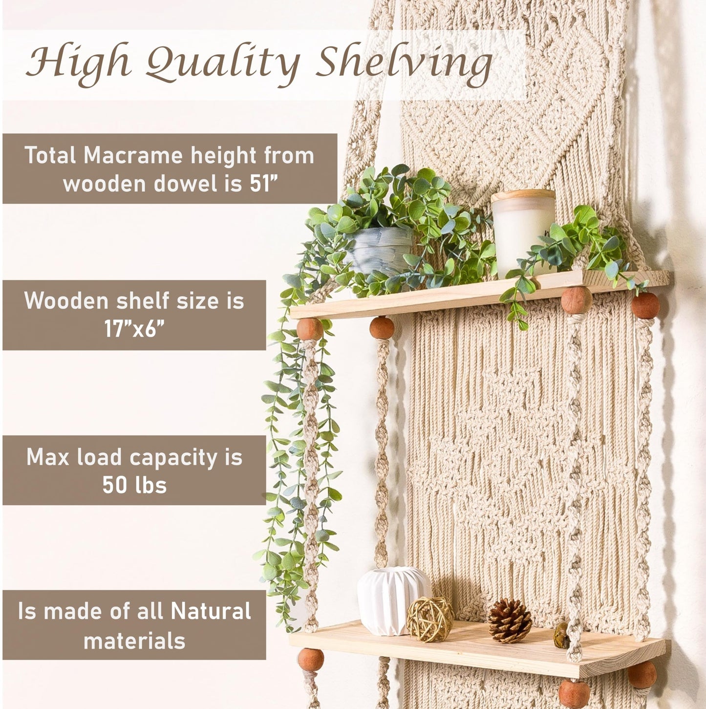 Induslyfe Macrame Wall Hanging Shelf 3 Tier Boho Wall Plant Hanger Shelves, Handmade of Woven Rope Boho Shelves Organizer for Living Room Bathroom Home Storage Floating Plant Rack Bohemian décor