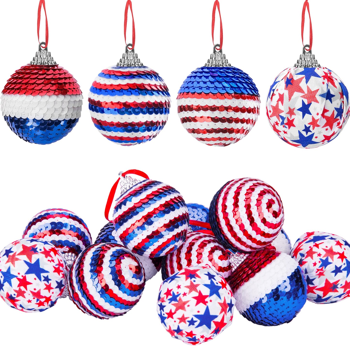 12 Pieces Independence Day Hanging Ball - 2 Inch Memorial Day Sequin Hanging Ball Ornament - 4th of July Red White Blue Tree Decorations for Memorial Day Veterans Patriotic USA Themed Party Supplies
