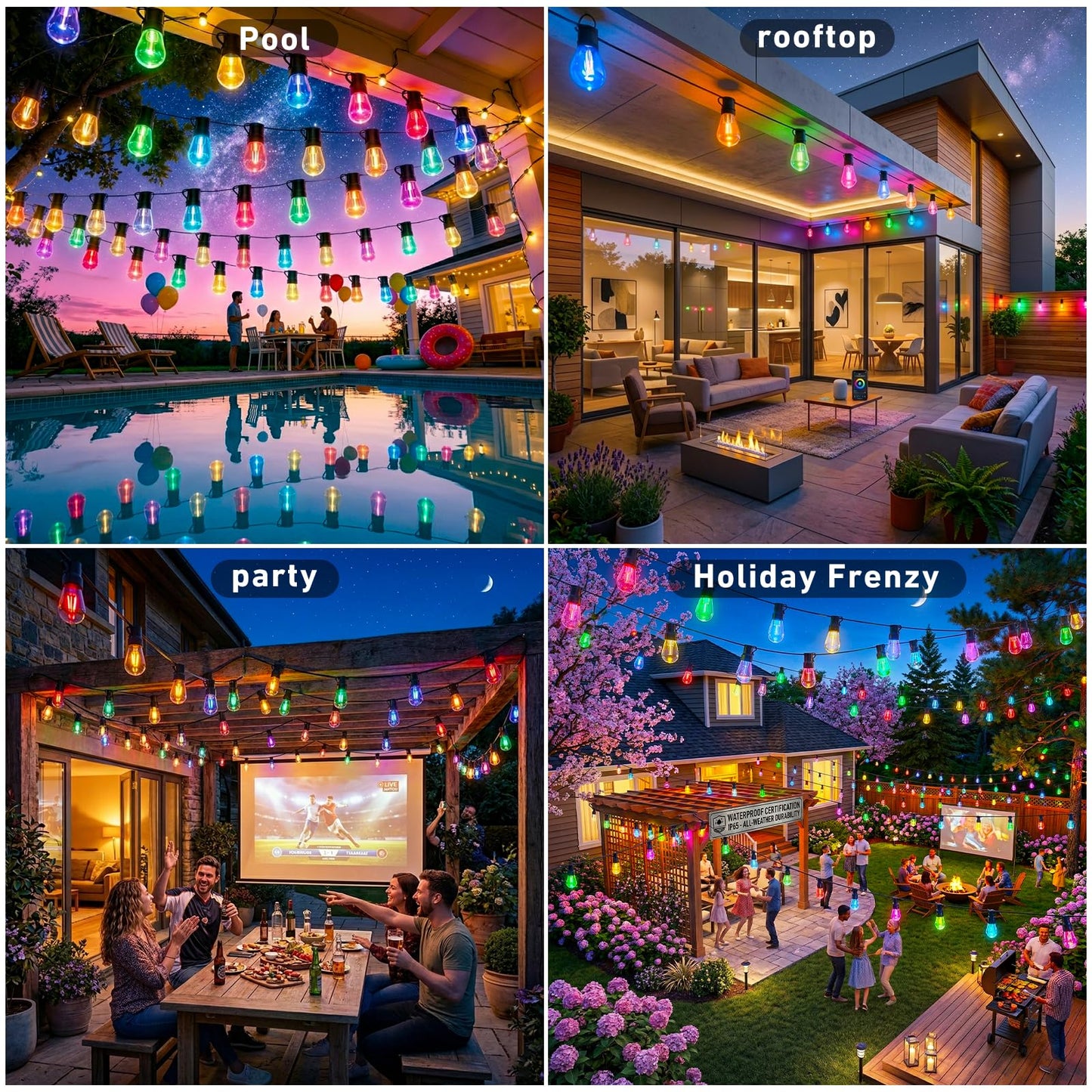 Outdoor String Lights,200FT Smart RGB+IC Patio Lights with Shatterproof LED Bulbs ,Outside Light Dimmable Patio for Decor DIY IP67 Waterproof ,Courtyard, garden,Holiday,LED lights more Scene Modes