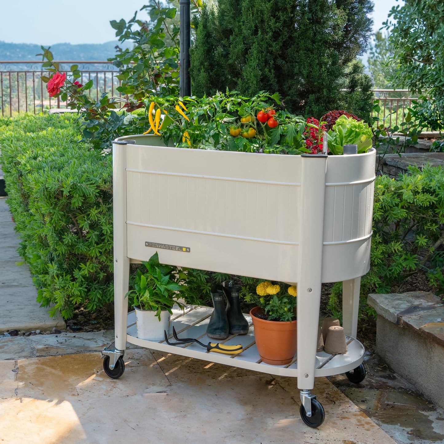 Permasteel Raised Garden Bed with Legs, Planter Box with EnGrow™ TrueSoil™ Technology for Vegetables, Flowers, Herbs, and Fruit, Outdoor Indoor, Storage Shelf, Caster Wheels, Ivory