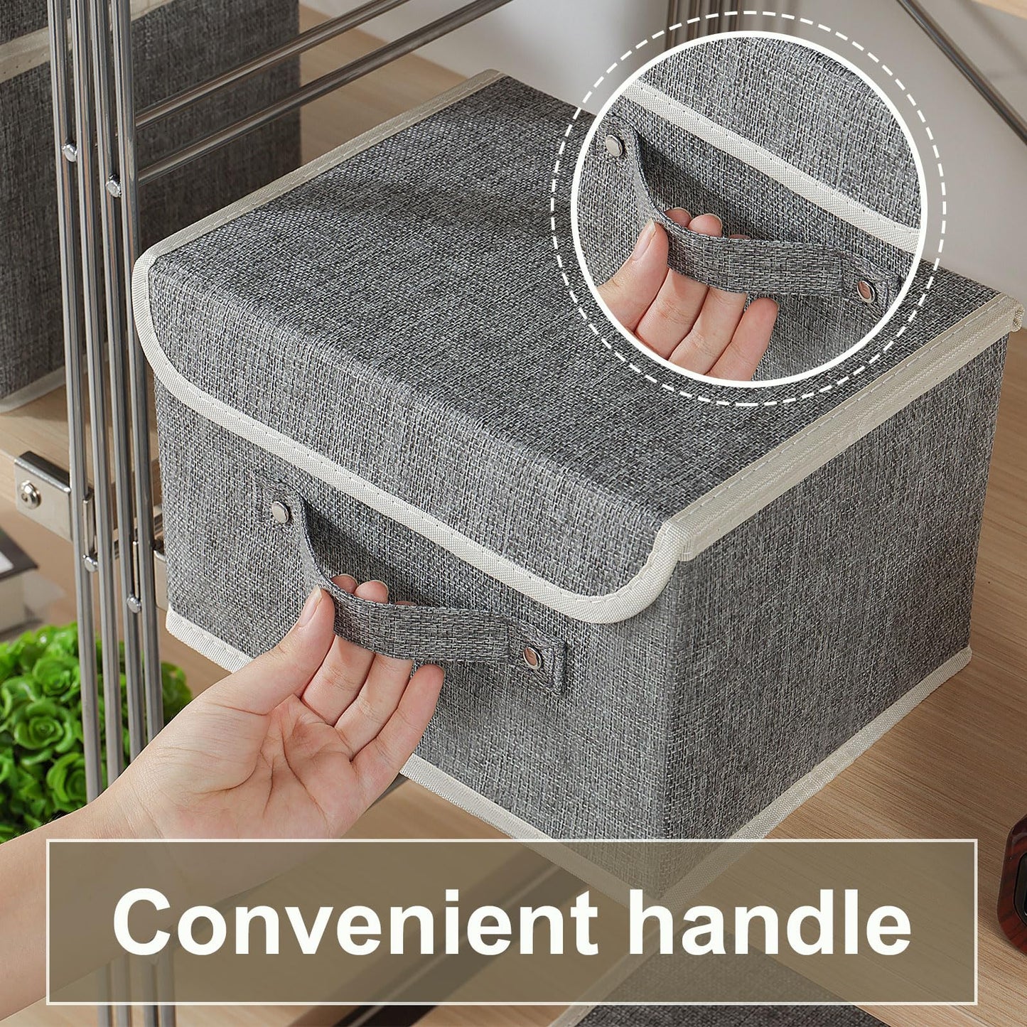 ENUMAIL Storage Boxes, Collapsible Storage Bins with Lids, Cotton and linen cloth Storage Baskets with Handle, for Books, Closet, Bedroom, Home, 10.2x7.9x6.7 in, Grey