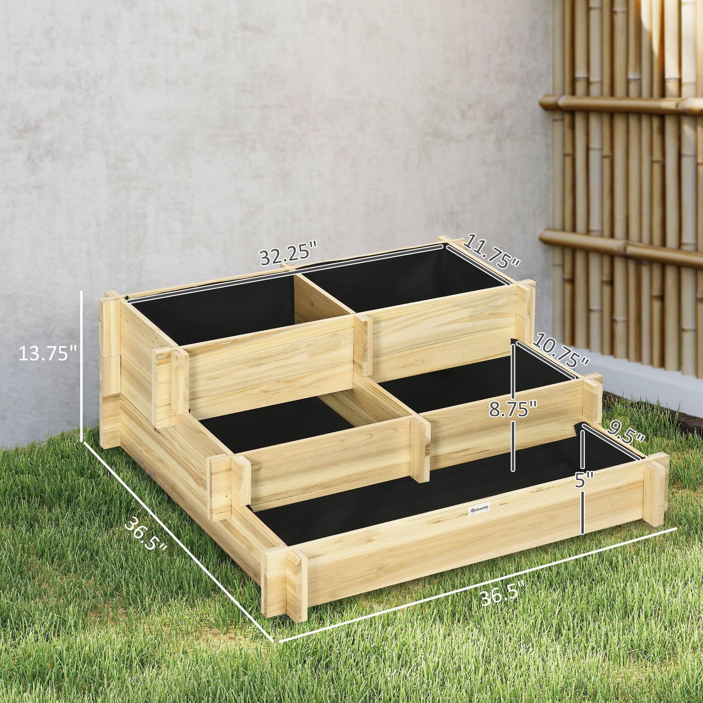 Outsunny 3-Tier Raised Garden Bed with 5 Compartments and Bed Liner, Fir Wood Elevated Planter Box, for Vegetables, Herbs, Outdoor Plants, 37 x 37 x 14in, Natural