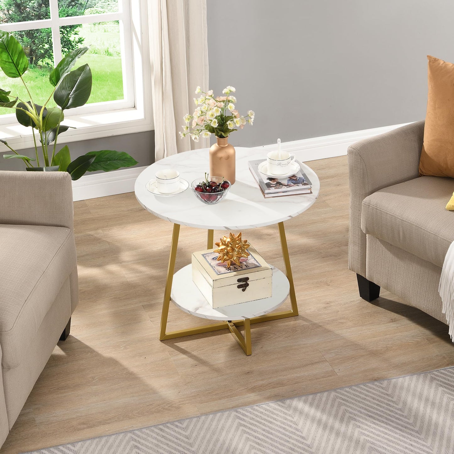 D&H FURNIMMT 20" Living Room Side Table for Small Spaces, 2 Tier Wood Top Round End Tables with Storage Shelf, Accent Sofa Table for Bedroom, Office, Sunroom, Balcony, White Faux Marble/Gold