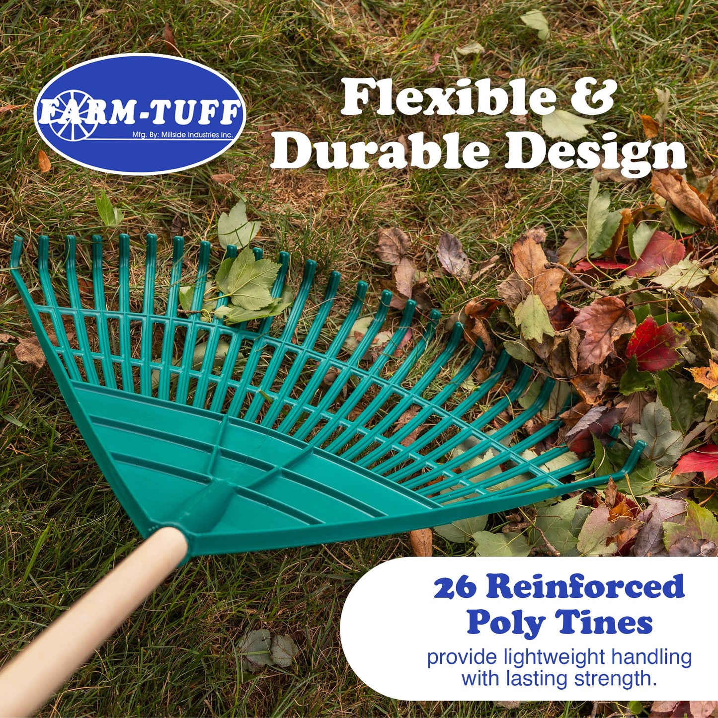 FARM-TUFF 24 Inch Leaf & Lawn Rake with 48 Inch Hardwood Handle - Extra-Wide, Durable Rake for Lawns, Gardens, and Yard Cleanup