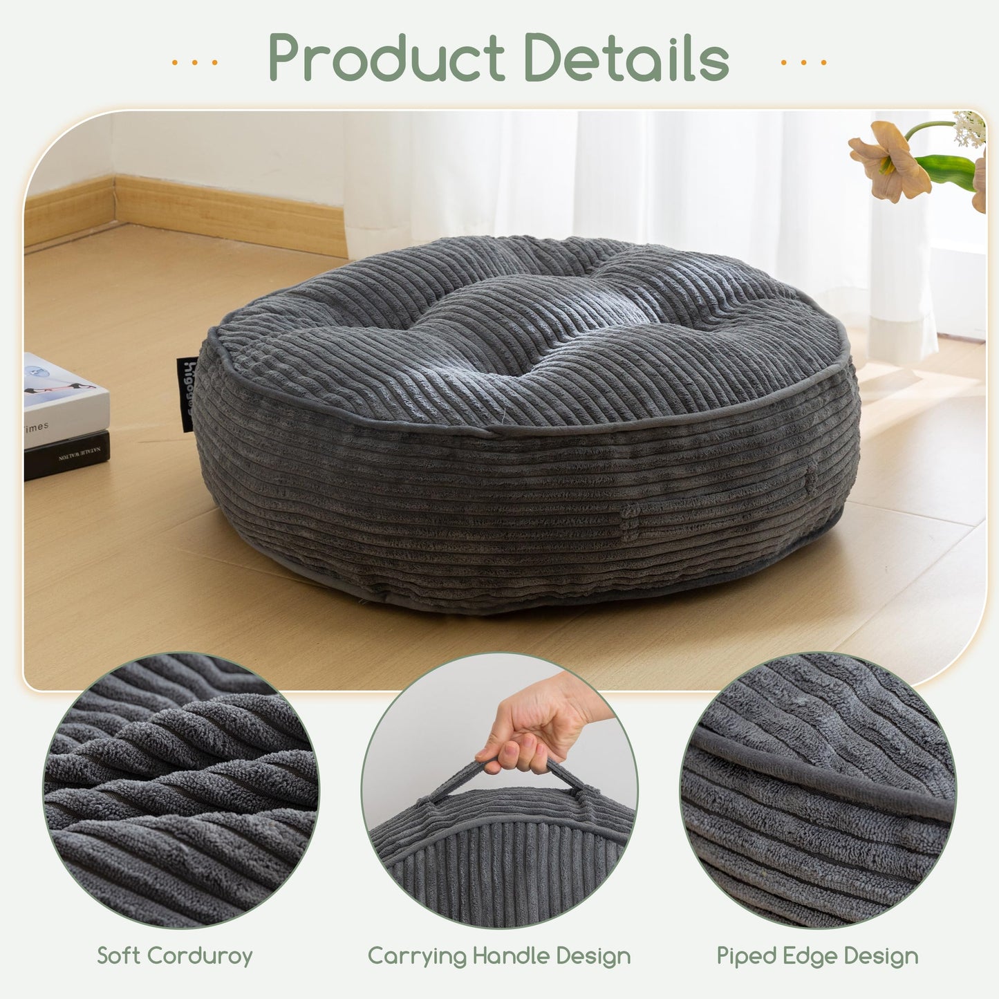 HIGOGOGO 6" Extra Thick Floor Pillow Cushion for Adults, Meditation Cushion Pillow, Large Round Floor Sitting, Tufted Corduroy Cover, for Tatami Living Room or Yoga, 22x22 Inch, Dark Grey