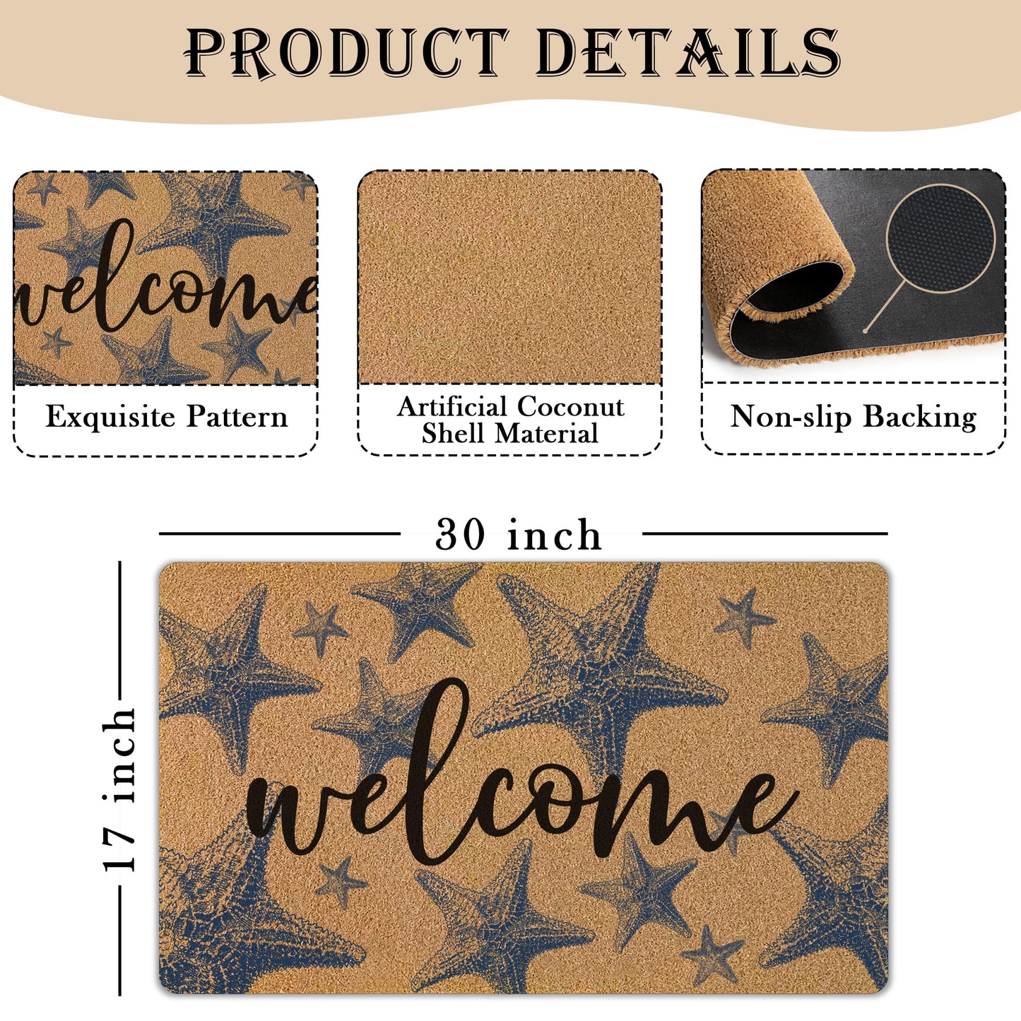 GUULIJEEMIY Coastal Starfish Door Mat, Nautical Blue Starfish Welcome Front Door Mat Rug Outdoor Indoor Entrance, Beachy Ocean Artificial Coir Doormat for Beach House Porch Patio Entry, 30x17 Inch