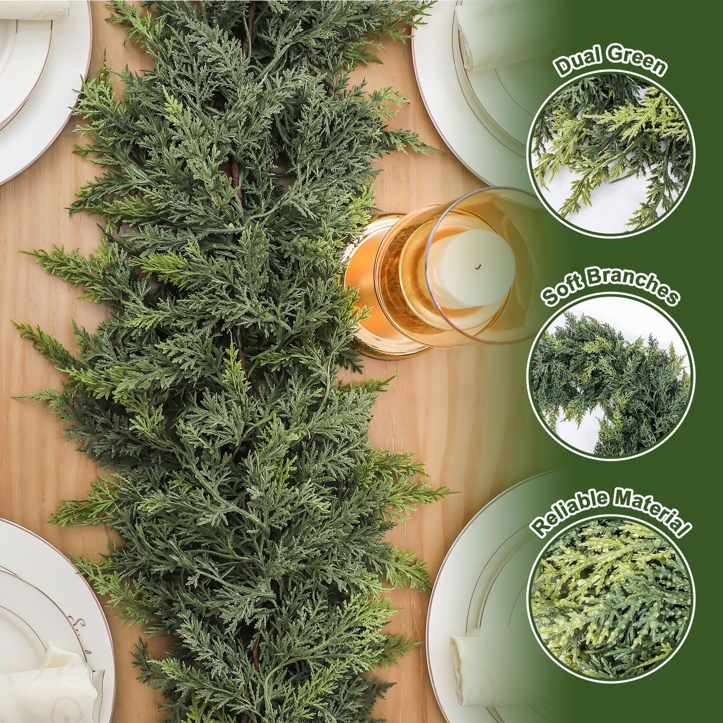 Jutom 1 Pcs 9 ft Christmas Cedar Garland - Dual Green Realistic Cedar Pine Needles Garland Artificial Decoration for Table, Mantel, Wall - Home Winter Holiday Party Decor