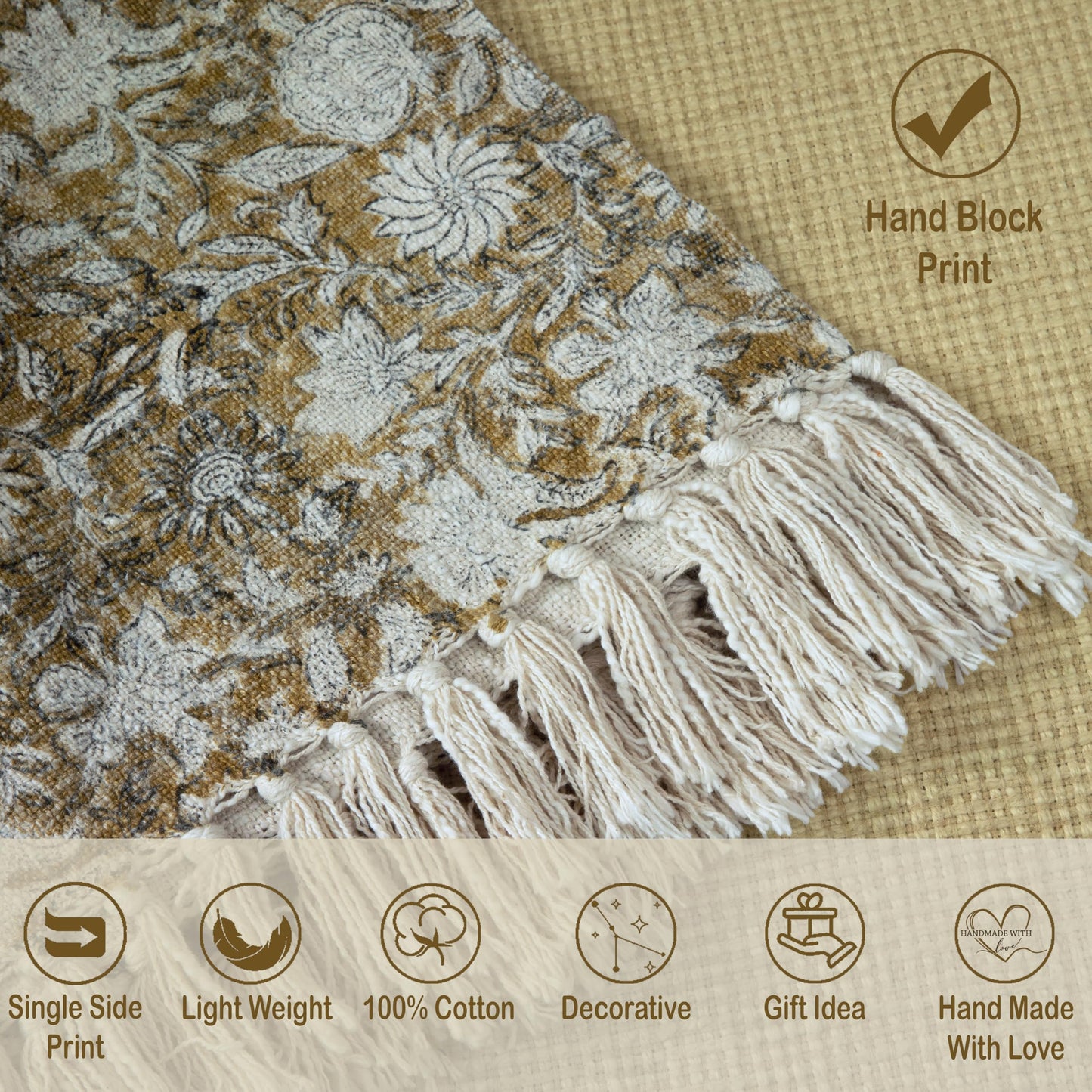 HOME WIBE 100% Pure Cotton Handblock Printed Throw Blanket, Soft 50" x 60" Fringed Floral Print Throw for Couch, Sofa, Chair, Bed - Cozy, Machine Washable, Comfortable Home Decor