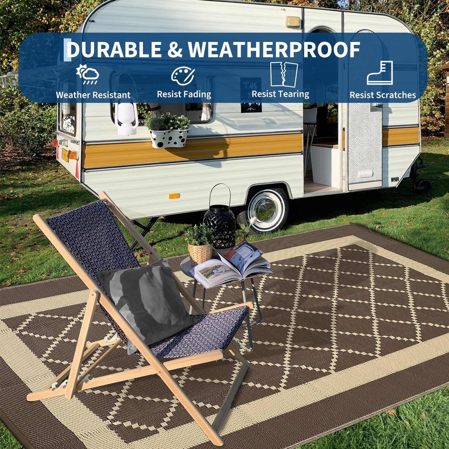 IDEALHOUSE Outdoor Rug, 320GSM PP Plastic Straw Mat, Modern Cross Grid Pattern, Waterproof Breathable Floor Mat, Lightweight Foldable Carpet for Patio Camping RV Backyard, Russet Brown, 9x18ft
