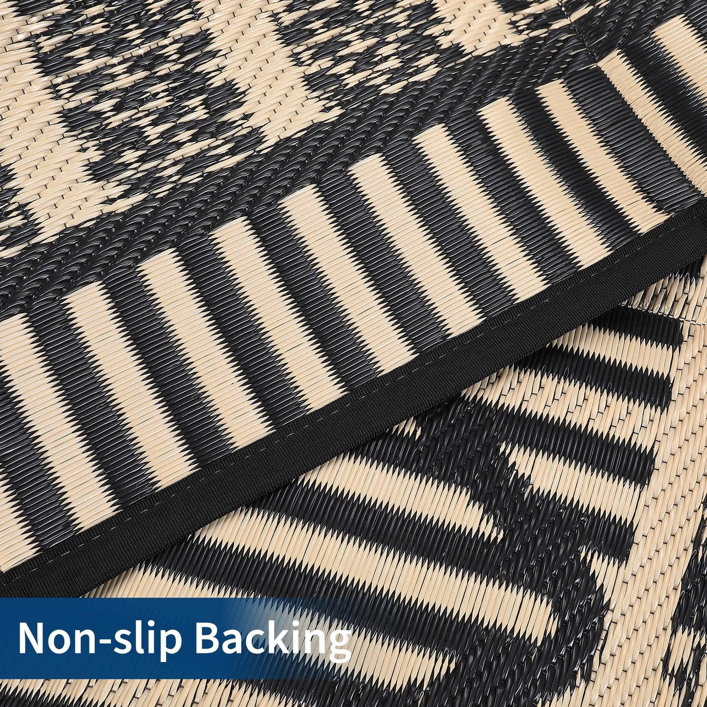 IDEALHOUSE 9x18 Ft Outdoor Rug 320GSM PP Woven Double Sided Same Pattern Waterproof Geometric Patio Mat for Backyard Deck Porch Camping Picnic Beach, Black Coffee