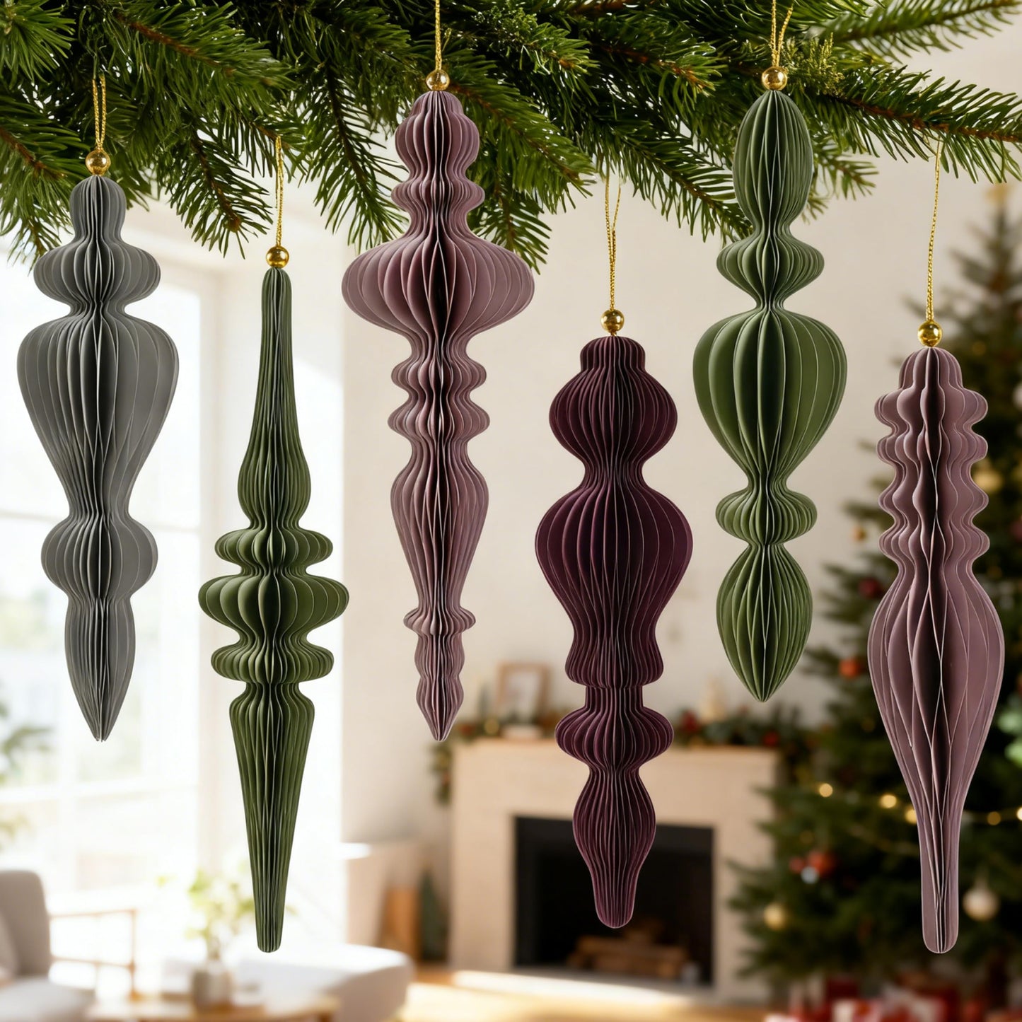 6Pcs Christmas Honeycomb Ornaments for Tree, 3D Paper Honeycomb Hanging Decorations Neutral Finial Christmas Ornaments Lanterns for Xmas Tree New Year Holiday Party Home Decor, Green Pink Gray