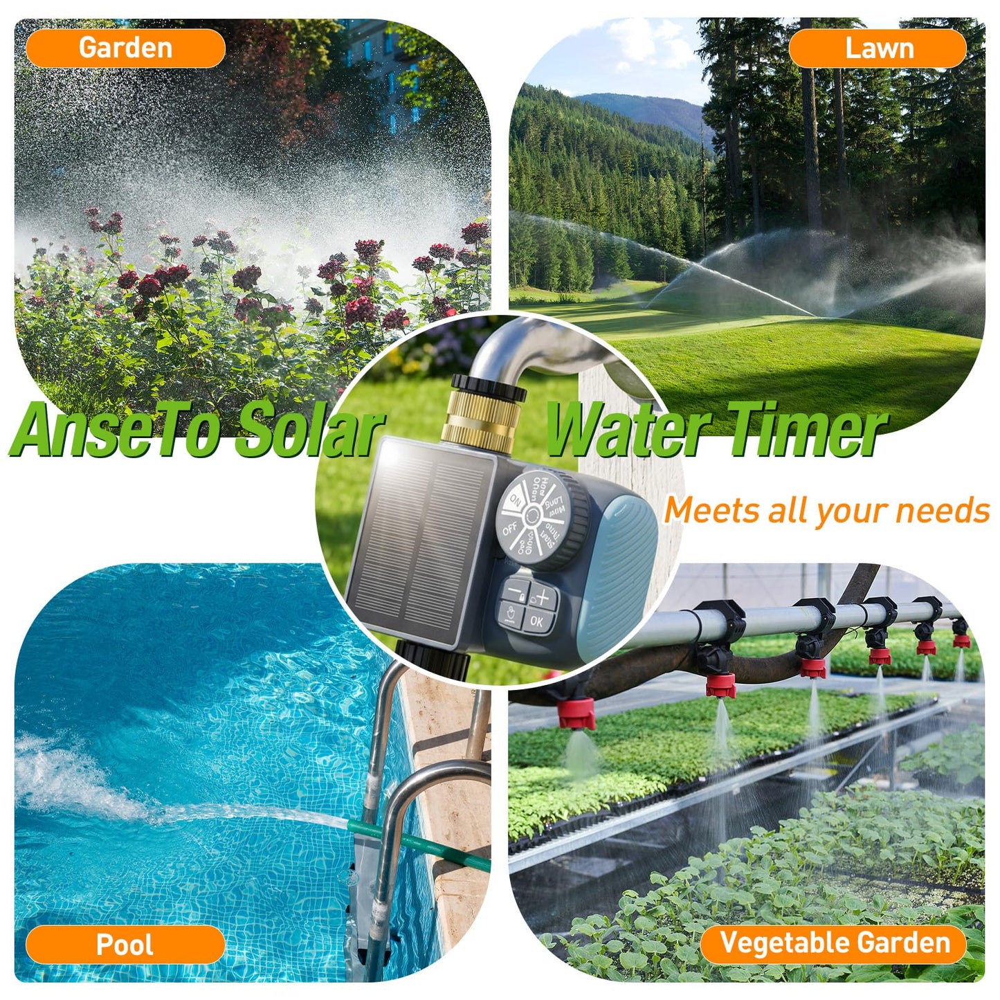 AnseTo Solar Sprinkler Timer, Solar & Type-C Rechargeable Water Timer for Garden Hose, Programmable Faucet System with Rain Delay/Manual/Auto Mode, Digital Irrigation Controller for Lawn/Yard/Pool