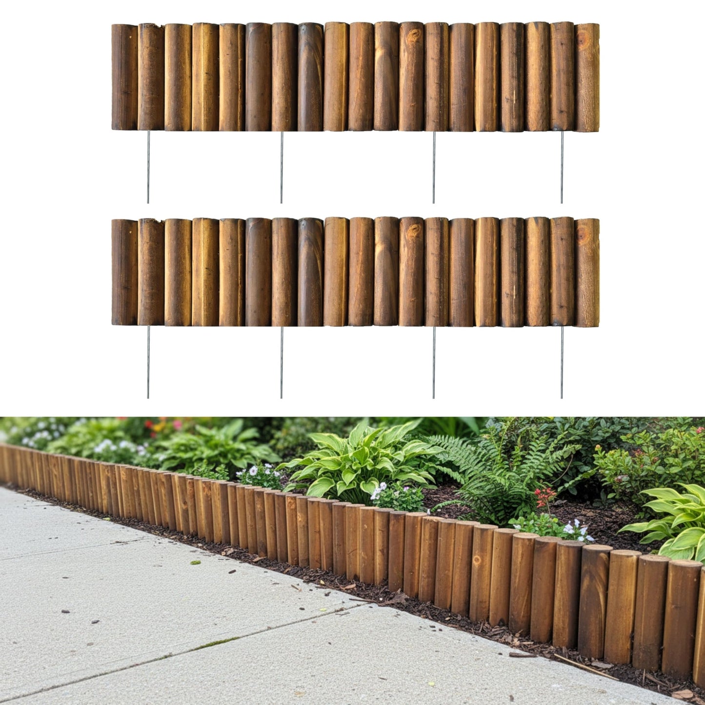 LaLaGreen Decorative Garden Edging Border (30"x6", 2 Pack) Small Brown Wooden Fence Panels with Metal Stakes, Flowers Bed Landscape Fencing for Lawn Yard Patio Pathway Outdoor Decor Tree Rings Barrier