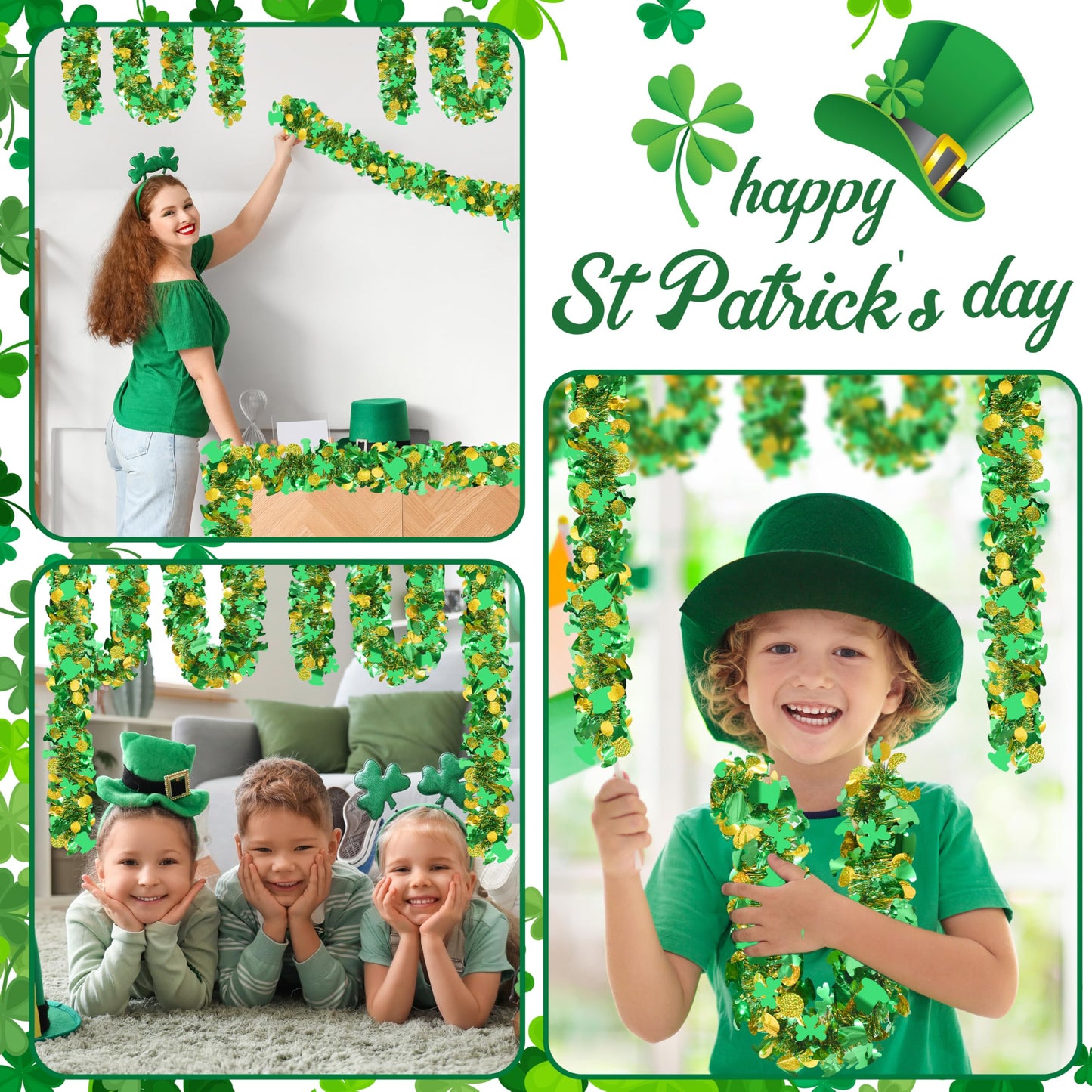 Palonu 50FT St. Patrick's Day Tinsel Garland Green Shamrock Gold Coins Metallic Tinsel Twist Garland for Irish Saint Patricks Day Party Home Decor Indoor Outdoor Decoration