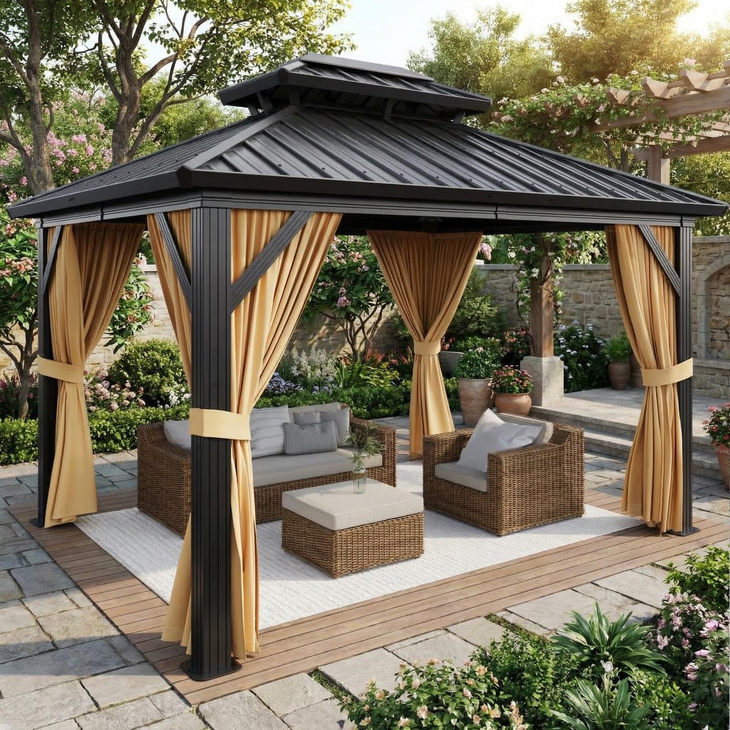 10x12 FT Hardtop Gazebo with Galvanized Steel Double Roof, Heavy-Duty Aluminum Frame Outdoor Gazebo Canopy with Mosquito Netting & Waterproof Curtains for Patio, Backyard, Deck & Lawn
