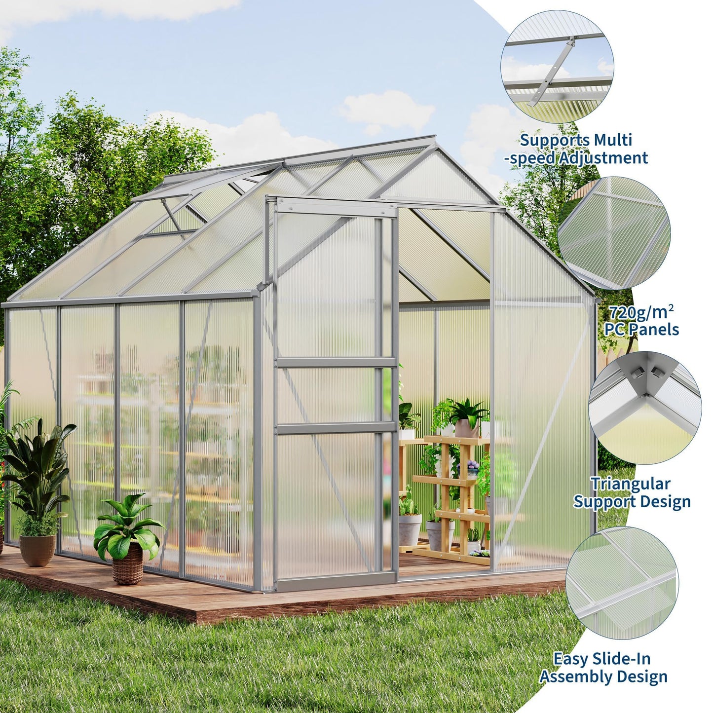 GAOMON Greenhouses, Large Walk in Greenhouses for Outdoors and Garden Planting, Polycarbonate Greenhouse with Enhanced Aluminum Frame, Adjustable Roof Vent ＆ Sliding Door for Winter Use(White, 6*8FT)