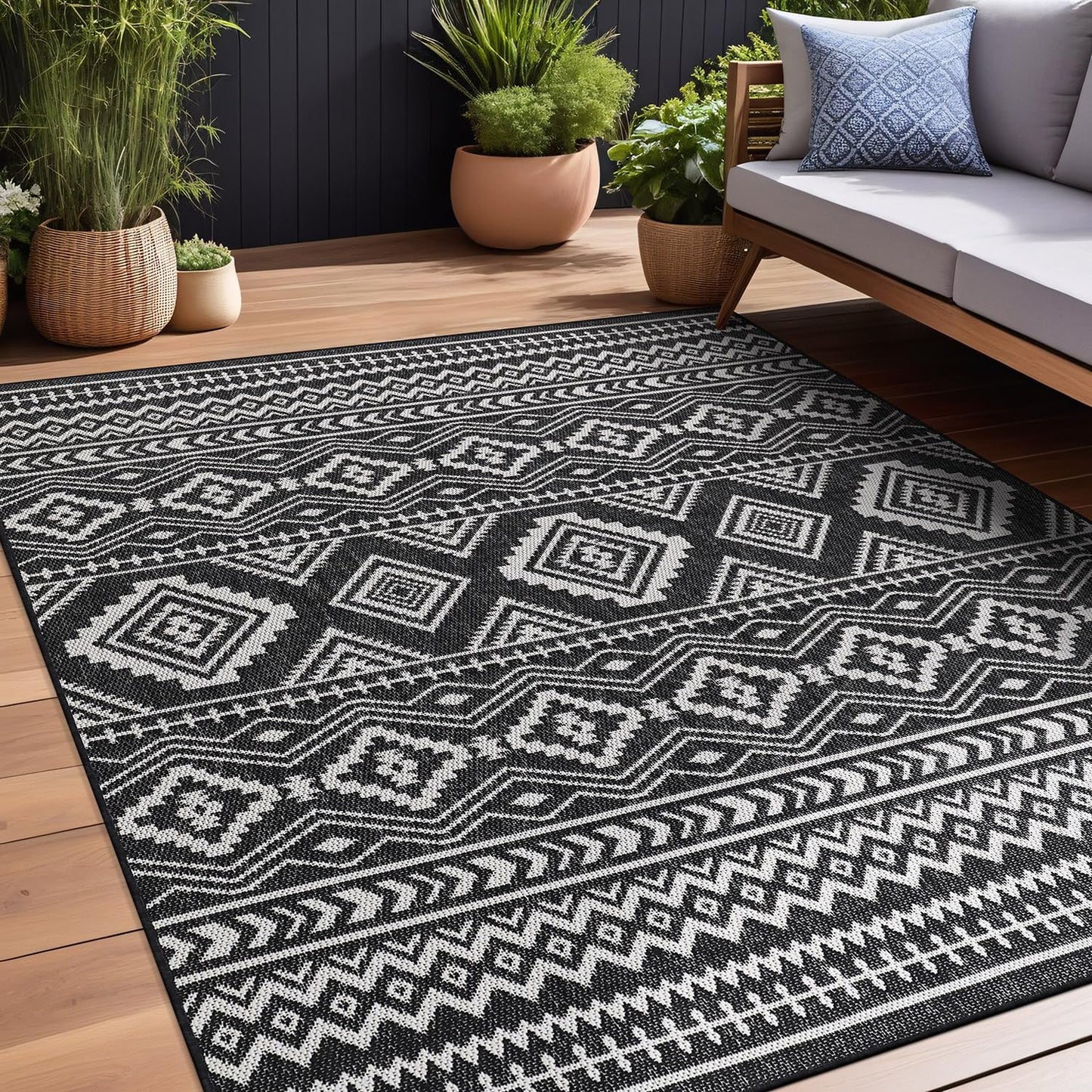 Beverly Rug Waikiki Boho Indoor Outdoor Rug 5x7, Washable Outside Carpet for Patio, Deck, Porch, Bohemian Area Rug, Farmhouse Rugs, Aztec Tribal Rug, Black and White