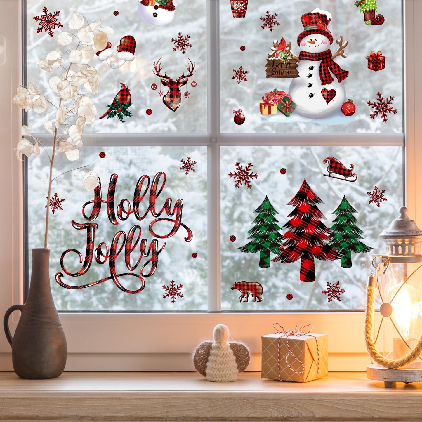 Christmas Wall Stickers Decoration 12 Sheets, Buffalo Plaid Christmas Wall Decals Holiday Letter Trees Decor, Winter Snowflake Vinyl Stickers for Living Room Bedroom Home Office