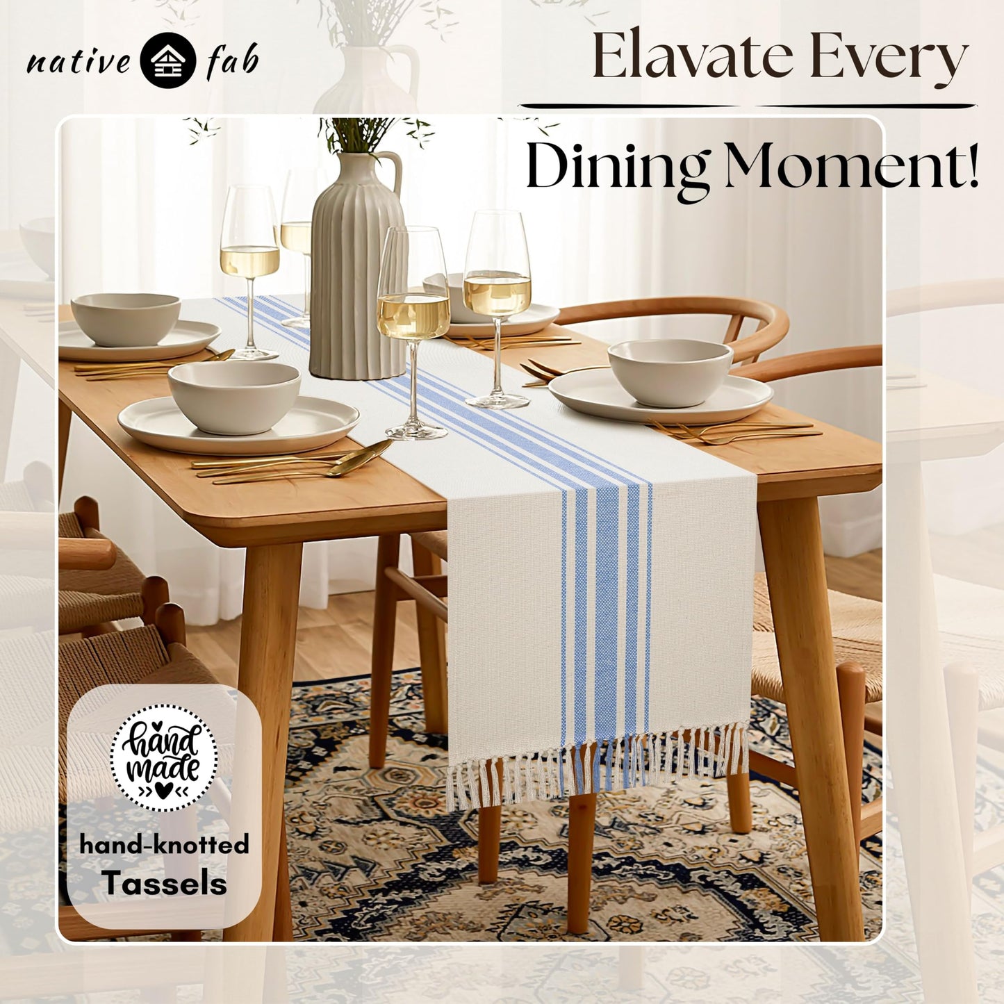 Native Fab Stripe Table Runner - 72 Inches Long Boho Table Covers with Tassels - 100% Cotton, Tight Weave, Non Slip Tablerunner for Dining, Kitchen, Dresser, Wedding, 14"x72" - Light Blue & White