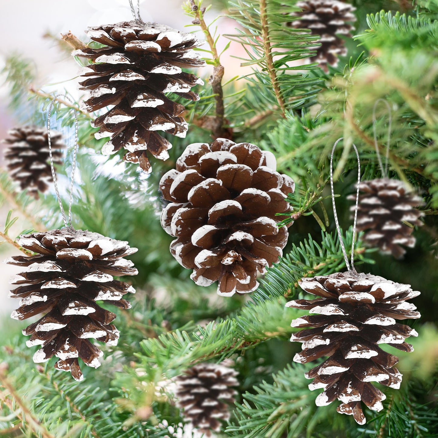 24 PCS Natural Pine Cones, 1.96 in Pinecone Ornaments, Pine Cones for Crafts with Sliver String, Decorative DIY Craft for Christmas Tree Christmas Table Decorations, Winter Decor Vase Filler