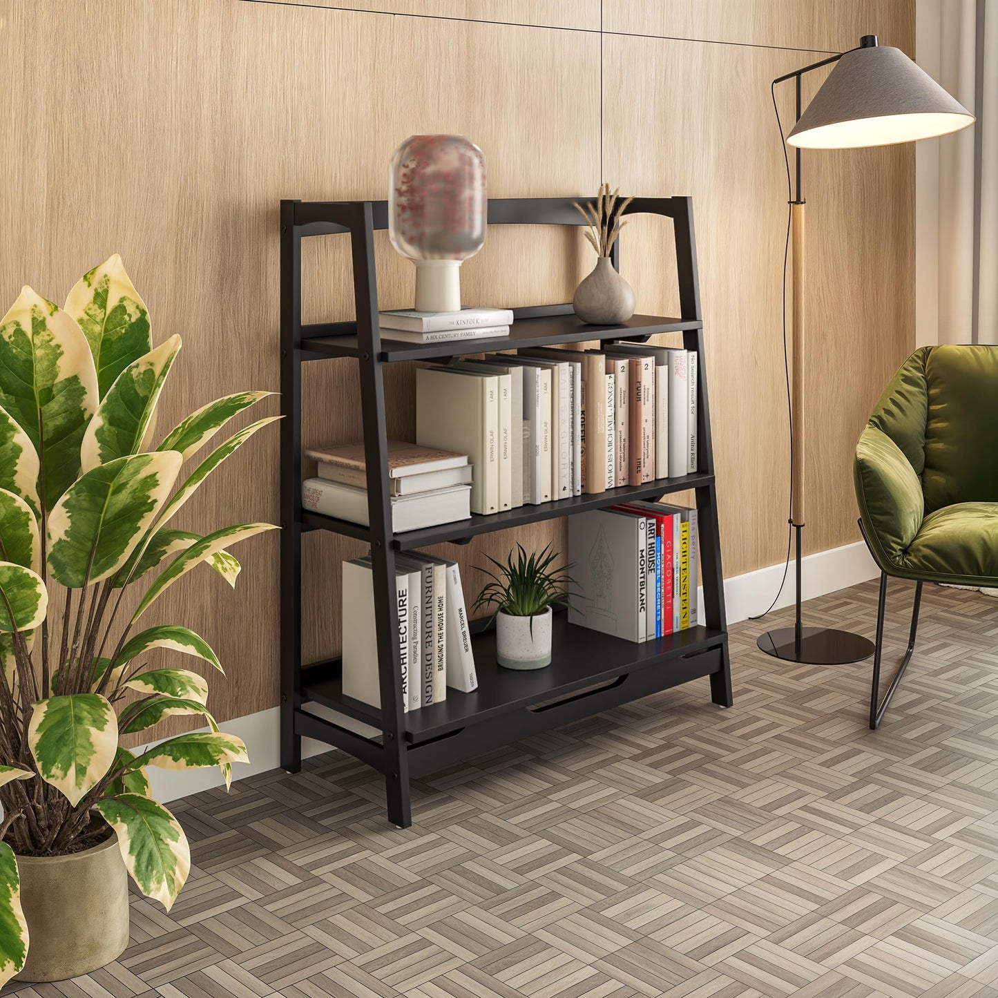 Camaflexi Mid Century Solid Wood Open Shelving Unit - Black Finish