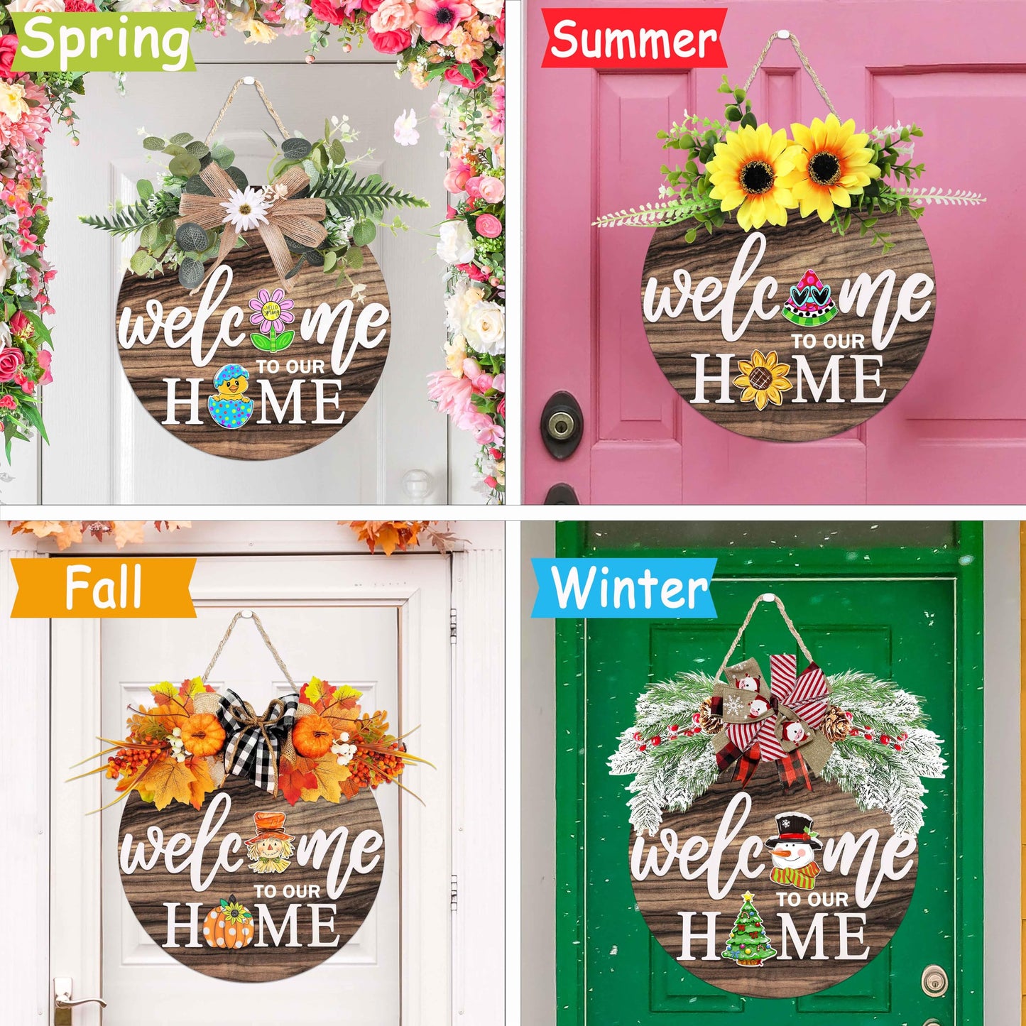 Interchangeable Welcome Sign for Front Door with 4 Seasonal Wreaths 21 Changeable Icons, Farmhouse Rustic Outdoor Welcome Signs Porch, Spring Winter Fall Decorations for Home House Warming Gifts