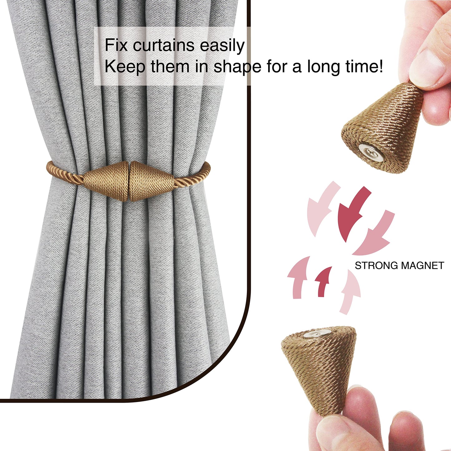 Nieffeiy 2 Pack Magnetic Curtain Tiebacks Rope Modern Handmade Curtain Tie Backs Decorative Drapes Weave Holdbacks for Window Décor, Khaki