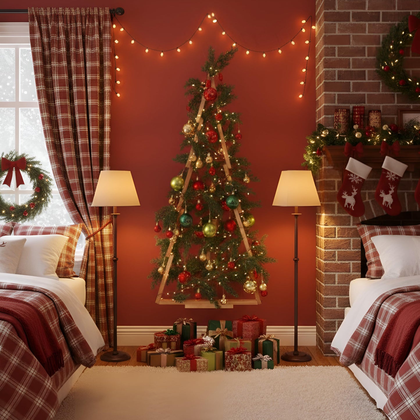 Glooglitter 47 Pcs 3 FT Wall Christmas Tree with Lights Large Christmas DIY Wall Decor Set Include Hanging Ball Ornaments LED String Lights Norfolk Pine Garland Artificial Xmas Tree Home Decor