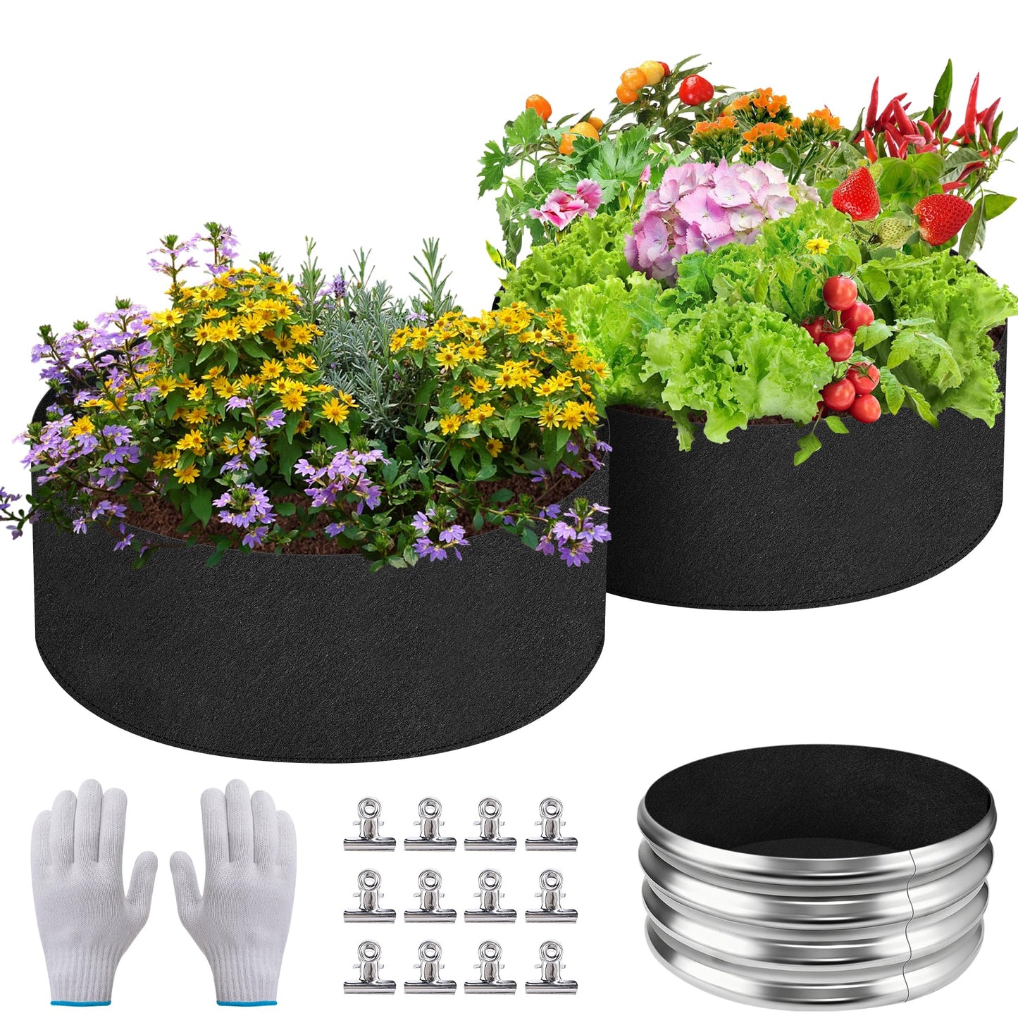 Mizelu 2 Sets 2 x 2 x 1 ft Raised Garden Bed Liner Bag, Breathable Grow Bed Fabric Liners with Clips and Gloves, Garden Box Non Woven Bag for Outdoor Plants Growth Keep Soil Isolation (No Garden Bed)