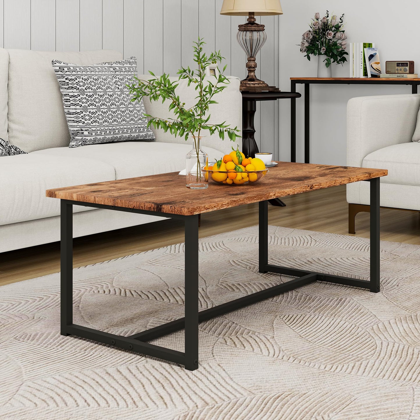 JUISSANO Coffee Table Rectangular Center Table for Living Room Open Space Side Table with Metal Frame, Easy Assembly, Black+ Rustic Brown Wood Coffee Table