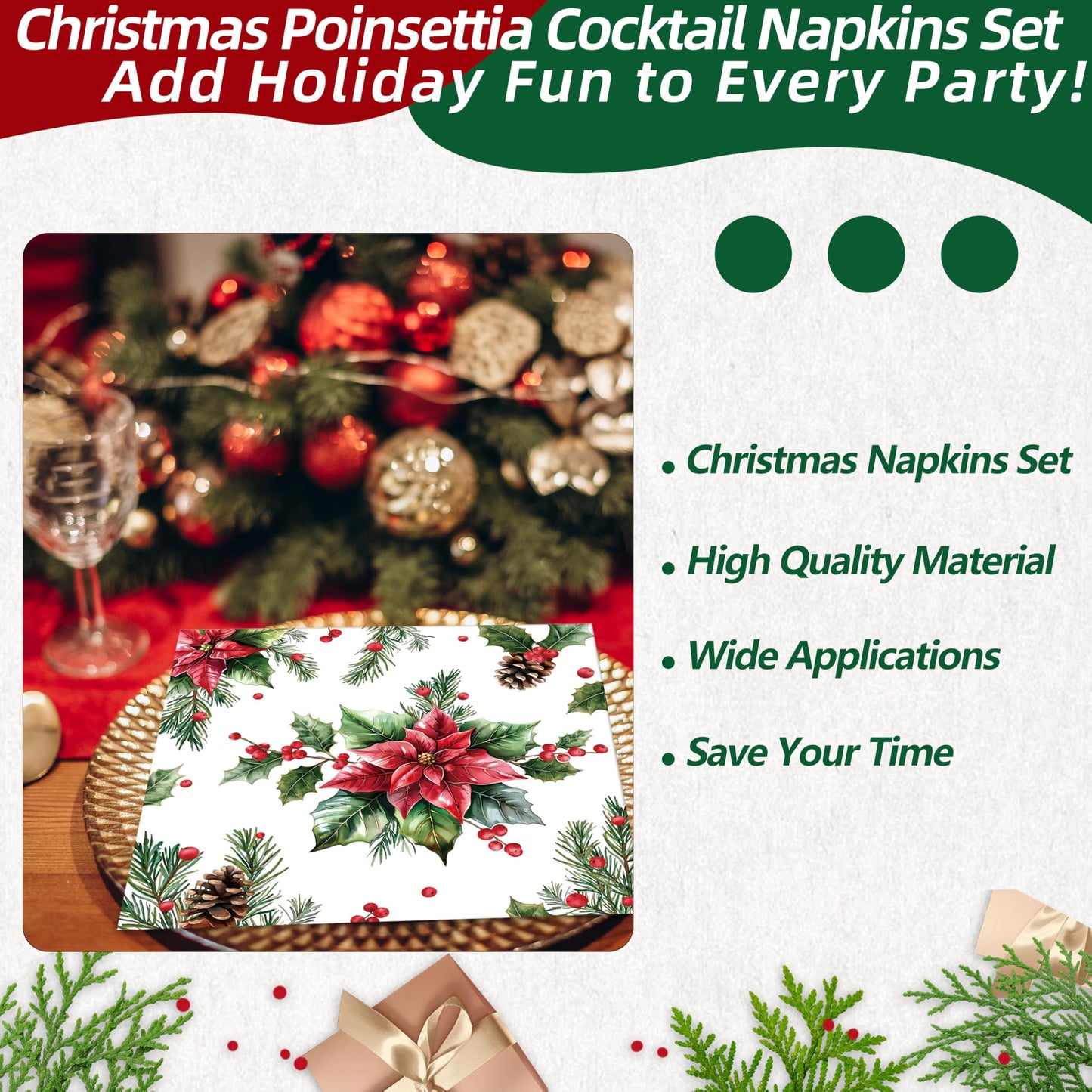 50 Pcs Christmas Poinsettia Paper Napkins, Disposable Holiday Cocktail Napkin with Red Flower, Holly, Pinecone, and Berry Design for Xmas Dinner, Winter Birthdays, Weddings, Seasonal Table Decorations