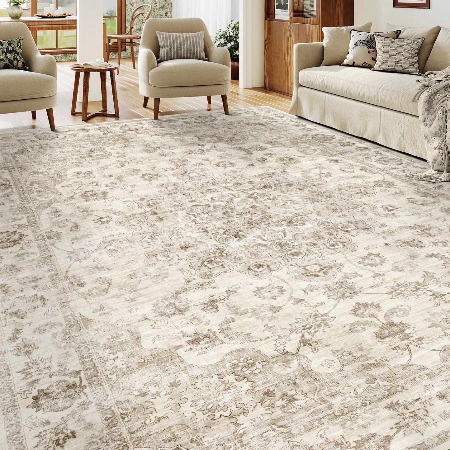 WondRg 8x10 Washable Neutral Area Rug Beige Vintage Living Room Bedroom Carpet Non-Slip Soft Low Pile Farmhouse Indoor Large Throw Rug for Dining Room Office