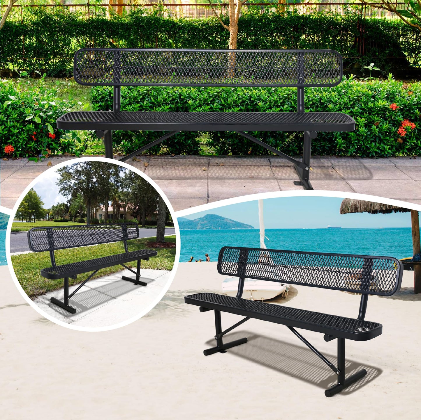 Choosilay 4/6/8 Feet Park Bench for Outside Heavy Duty Metal, Garden Benches Outdoor Bench with Backrest & Portable Frame, for Shopping Malls Stores Parks Patios Decks, Black