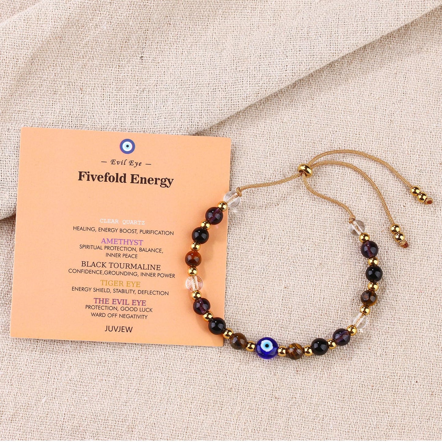 Cute Evil Eye Bracelet Red Black - Natural Crystal Protection Adjustable Spiritual Guardian Jewelry- 5 Healing Stones Clear Quartz Amethyst Black Tourmaline Tiger Eye Bracelet Adjustable (Blue Eye-Brown Rope)