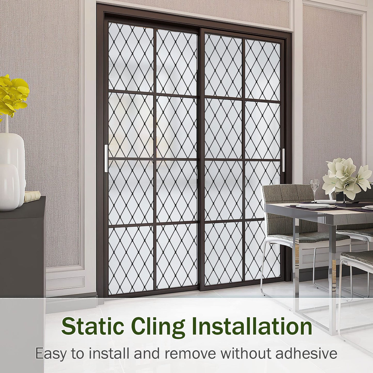 VELIMAX Frosted Black Lattice Window Film Static Cling Window Privacy Films Decorative Glass Vinyl Film for Windows Removable Sun Blocking Anti-UV 17.7x78.7 inches