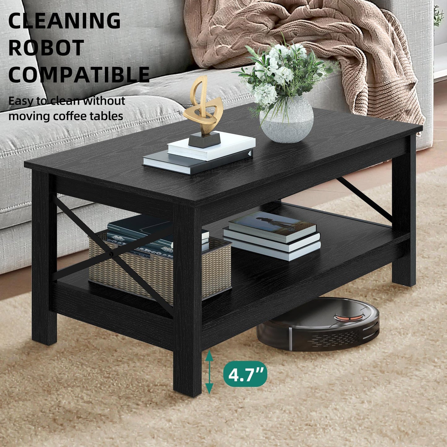 YITAHOME Coffee Table for Living Room, Modern Farmhouse Coffee Table with Storage, 2-Tier Center Table Wood Living Room Table Accent Cocktail with Sturdy Frame, Black